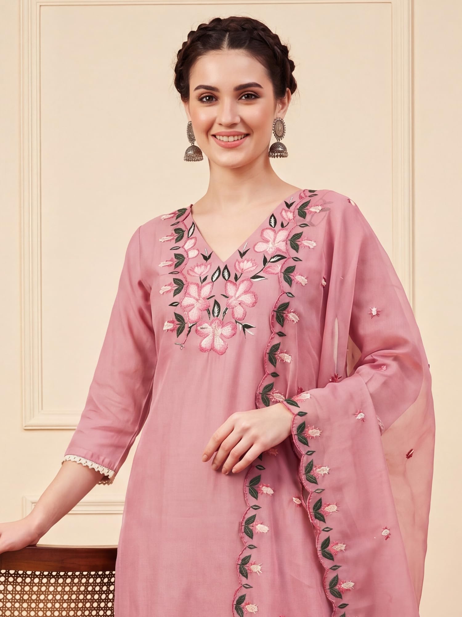 INDO ERA Women's Cotton Blend Solid Straight Kurta Palazzo With Dupatta Set