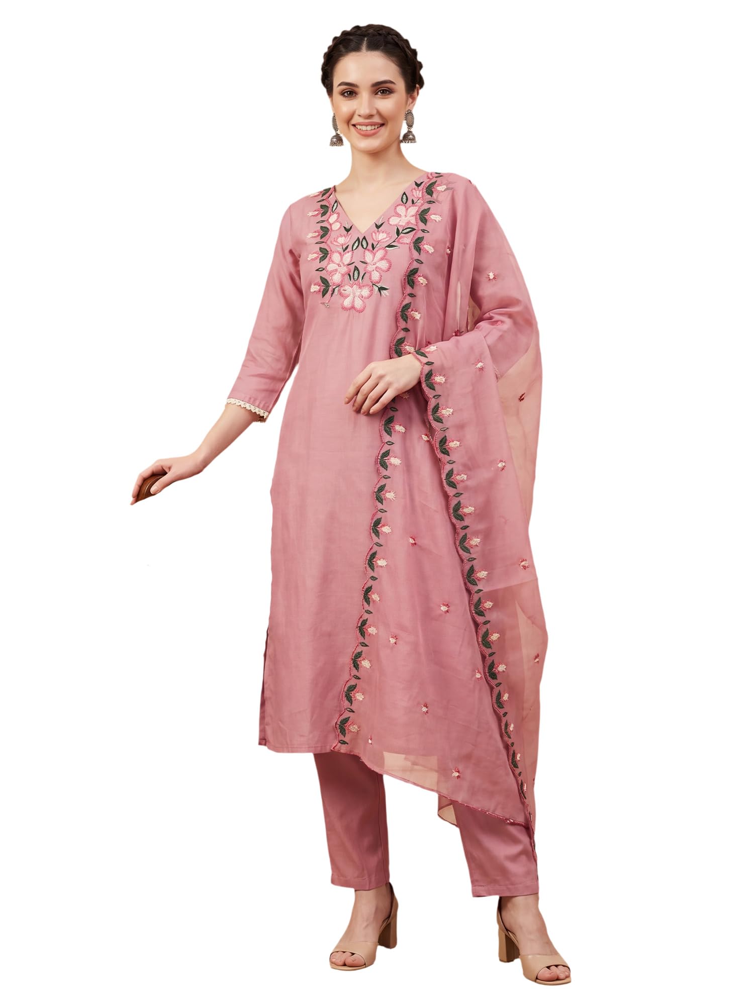 INDO ERA Women's Cotton Blend Solid Straight Kurta Palazzo With Dupatta Set