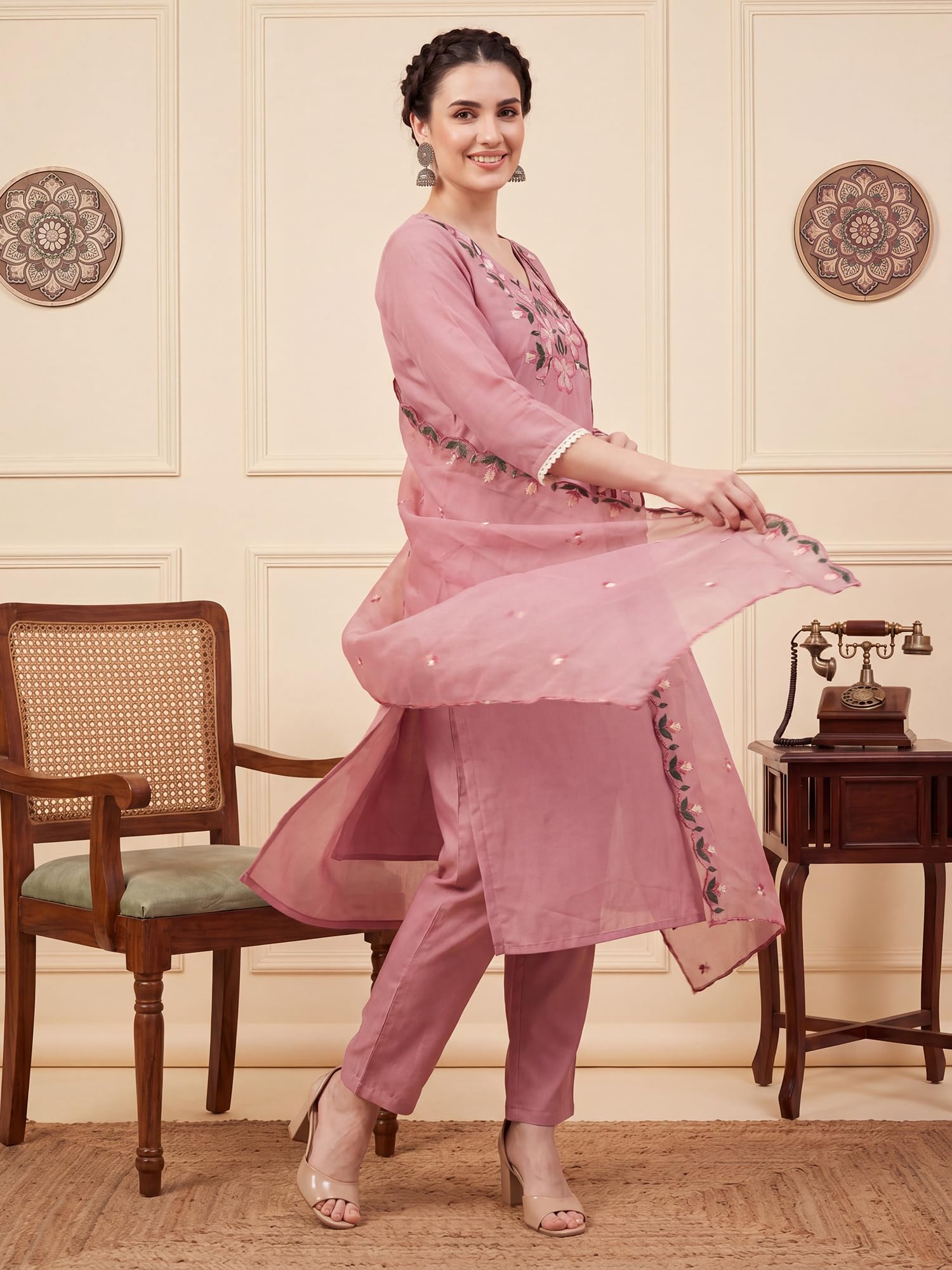 INDO ERA Women's Cotton Blend Solid Straight Kurta Palazzo With Dupatta Set