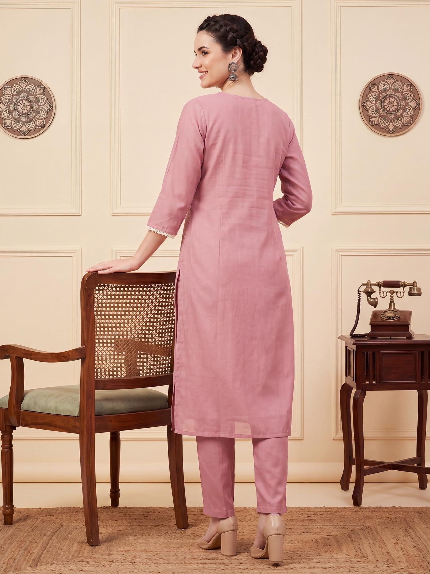 INDO ERA Women's Cotton Blend Solid Straight Kurta Palazzo With Dupatta Set