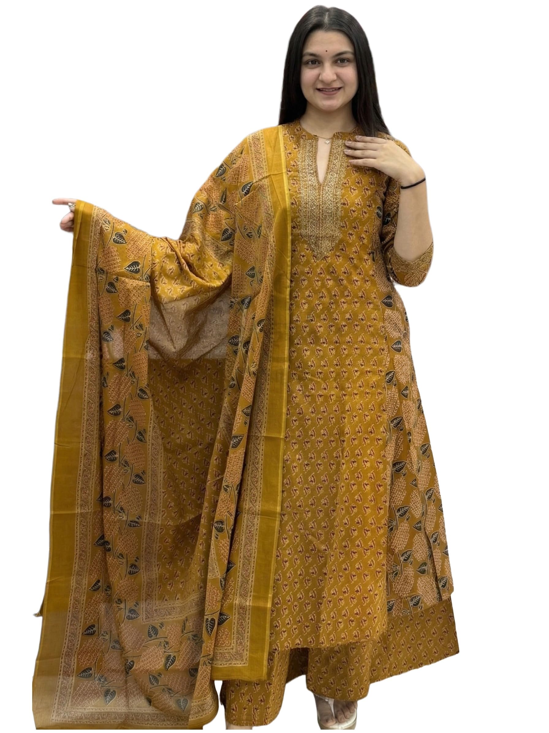GoSriKi Kurta Sets for Women Viscose Blend Printed | Kurti Set for Woman | Kurta Palazzo Dupatta Set | A Line Kurti | Mandarin Collar 3/4 Sleeve Suit Set for Women Stylish Ethnic Outfit