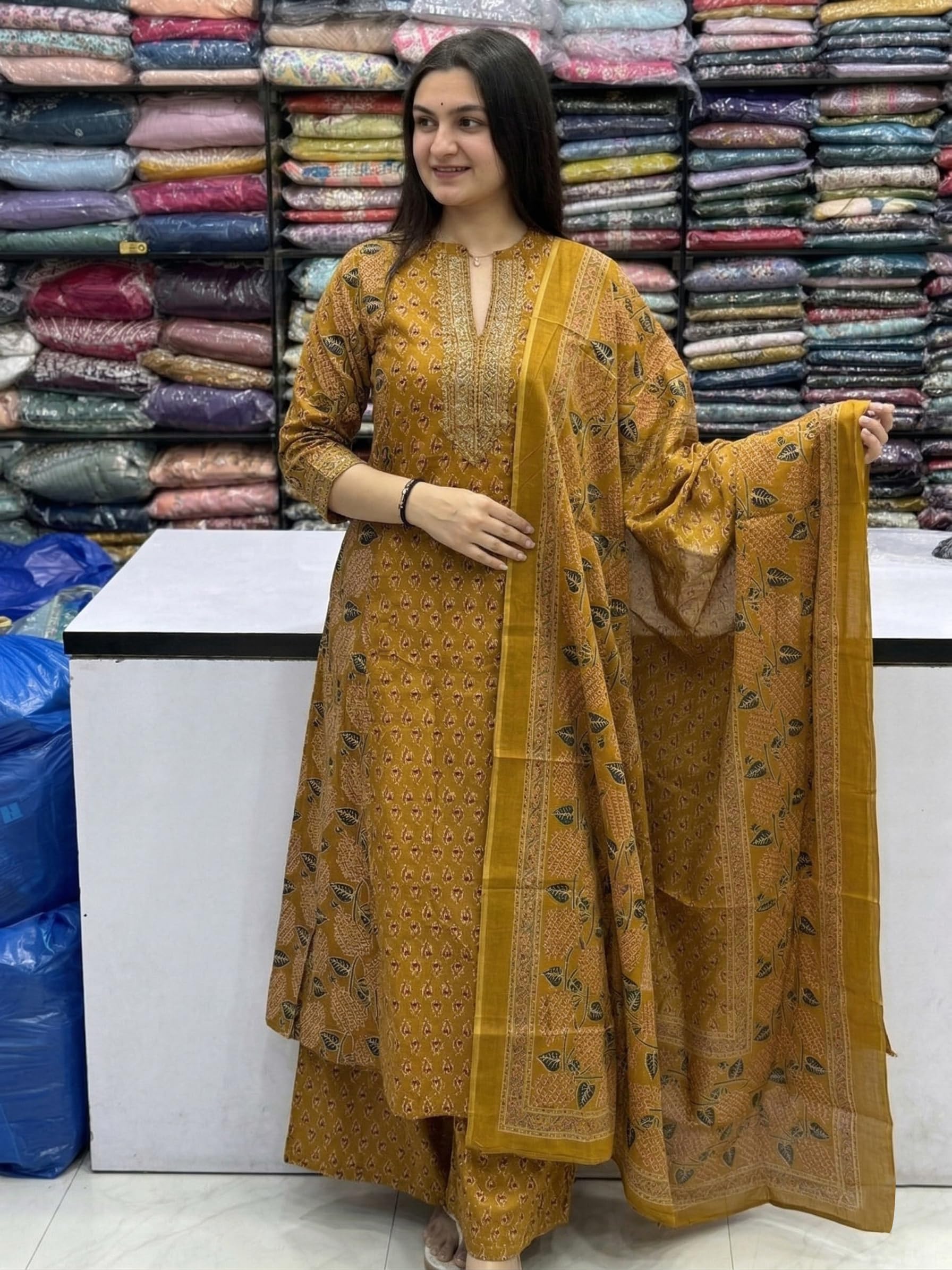 GoSriKi Kurta Sets for Women Viscose Blend Printed | Kurti Set for Woman | Kurta Palazzo Dupatta Set | A Line Kurti | Mandarin Collar 3/4 Sleeve Suit Set for Women Stylish Ethnic Outfit