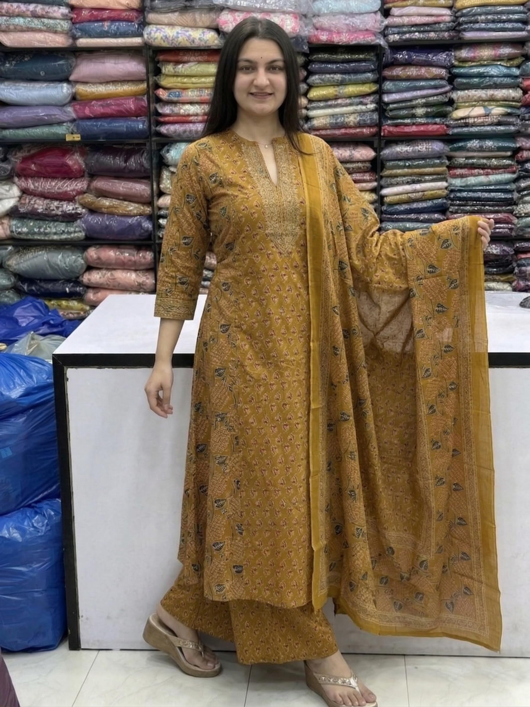 GoSriKi Kurta Sets for Women Viscose Blend Printed | Kurti Set for Woman | Kurta Palazzo Dupatta Set | A Line Kurti | Mandarin Collar 3/4 Sleeve Suit Set for Women Stylish Ethnic Outfit