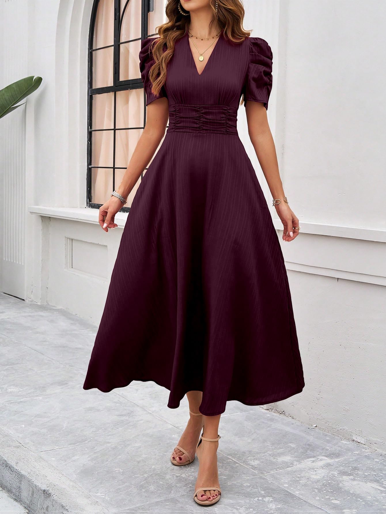 Shasmi Girl's & Women's Solid Color V-Neck A-Line Maxi Dress for Women | New Year Party Outfit | Waist Cinched Puff Sleeve Western | Elegant Casual Wear (Dress 246)