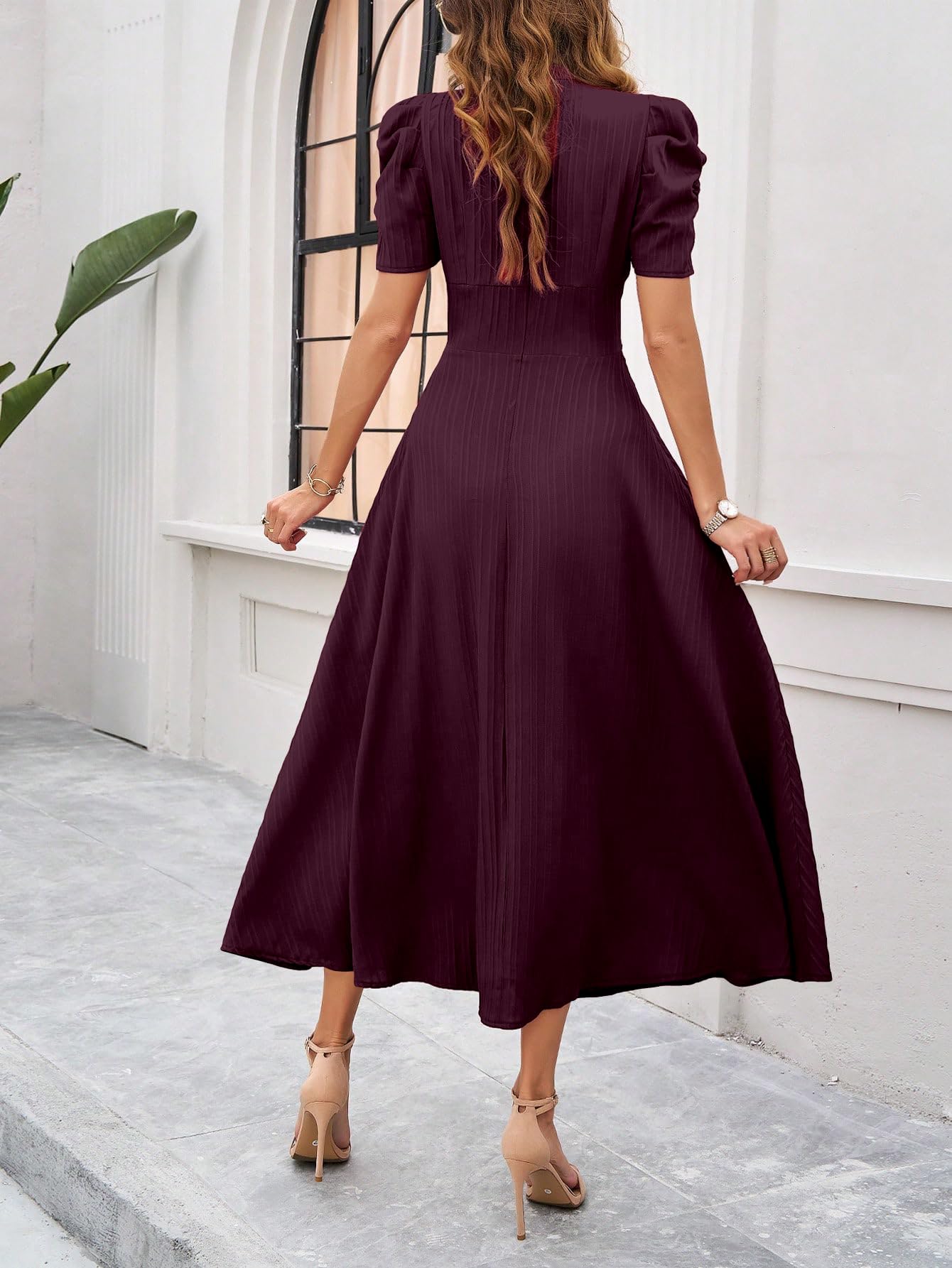 Shasmi Girl's & Women's Solid Color V-Neck A-Line Maxi Dress for Women | New Year Party Outfit | Waist Cinched Puff Sleeve Western | Elegant Casual Wear (Dress 246)