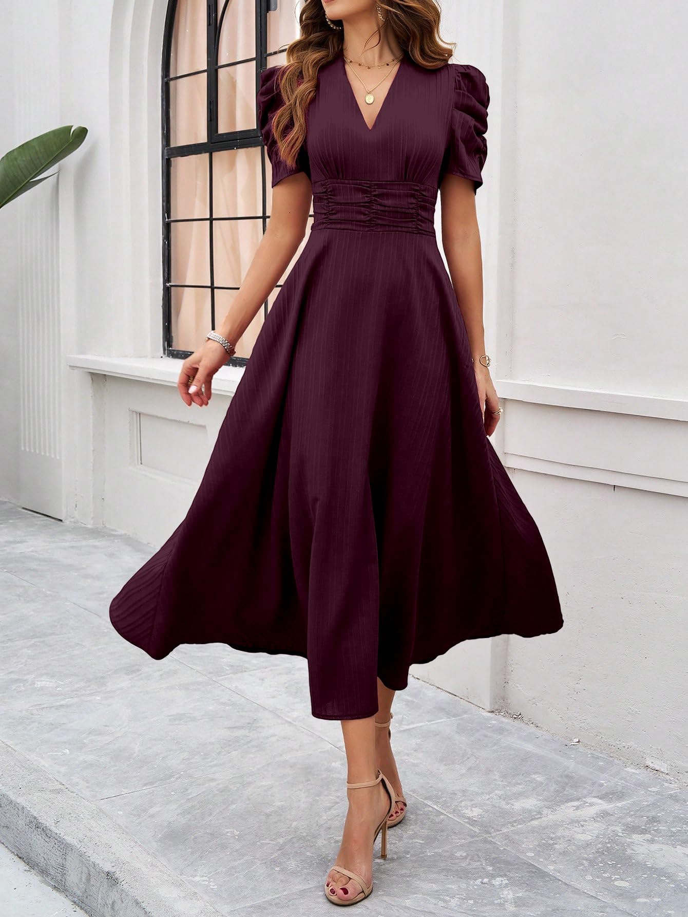 Shasmi Girl's & Women's Solid Color V-Neck A-Line Maxi Dress for Women | New Year Party Outfit | Waist Cinched Puff Sleeve Western | Elegant Casual Wear (Dress 246)