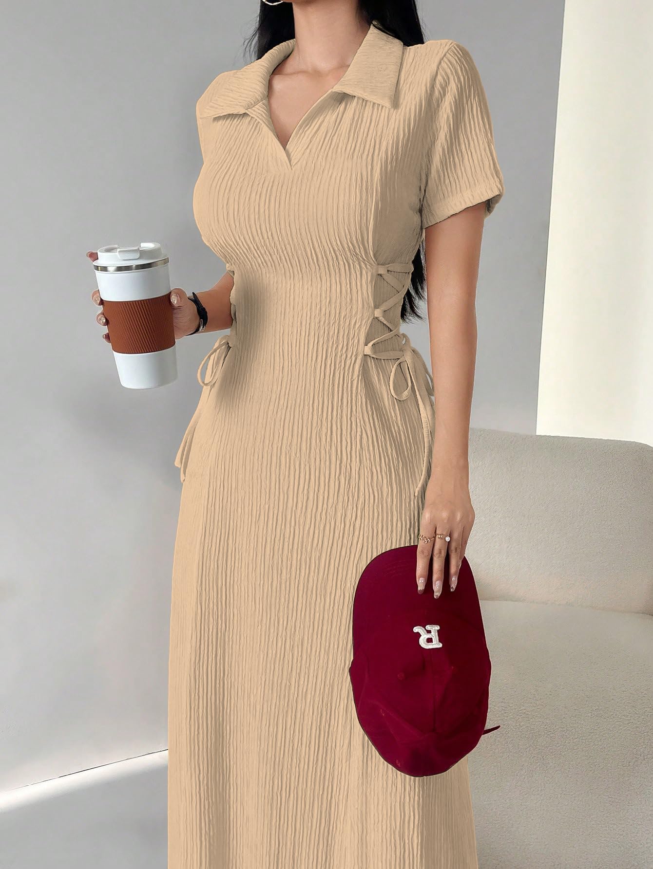 Shasmi Women’s Solid Color Applique Lace-Up Collared Short Sleeve, Side-Tie Waist Long Casual Maxi Women Dress Outfit Long Evening Midi Western Party Dress for Women (Dress 211)