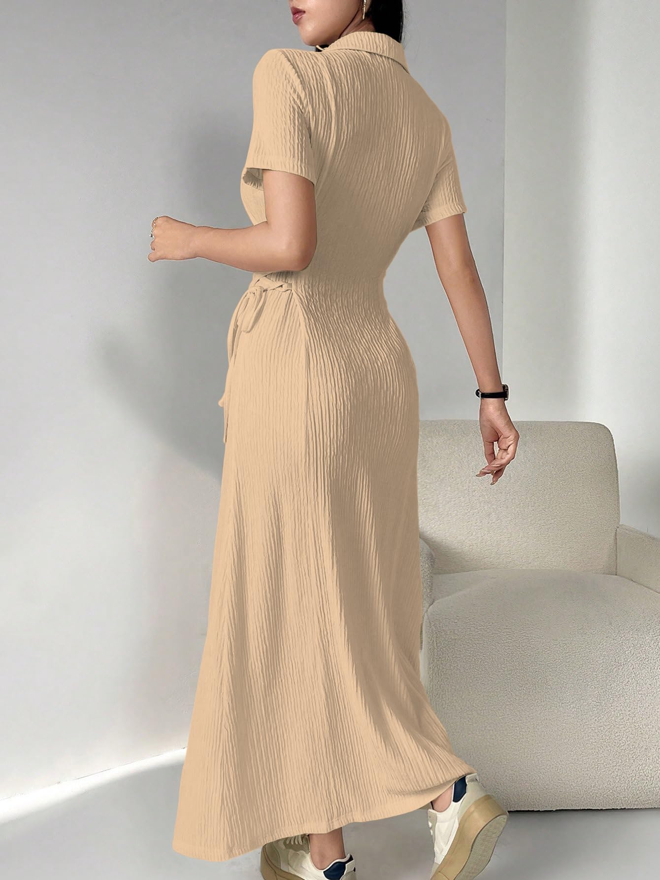 Shasmi Women’s Solid Color Applique Lace-Up Collared Short Sleeve, Side-Tie Waist Long Casual Maxi Women Dress Outfit Long Evening Midi Western Party Dress for Women (Dress 211)