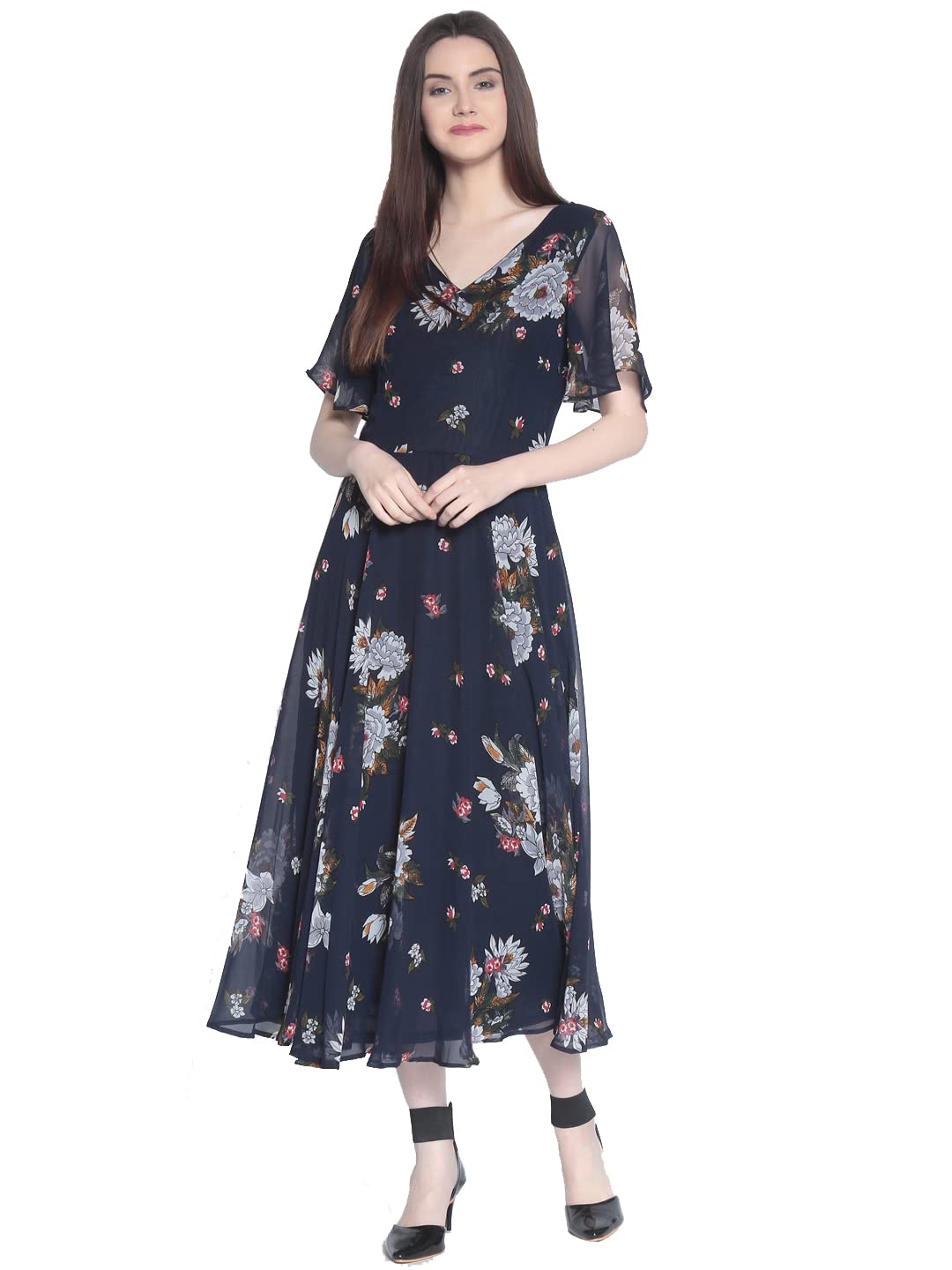 Rare London Women Synthetic A-Line Calf Length Dress (Ep3153- Blue_XL)