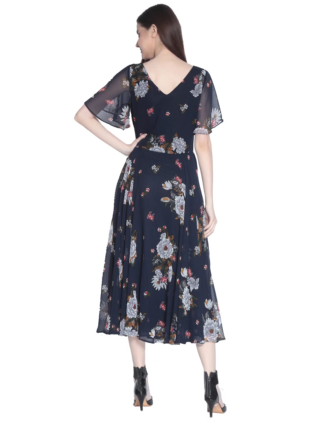 Rare London Women Synthetic A-Line Calf Length Dress (Ep3153- Blue_XL)