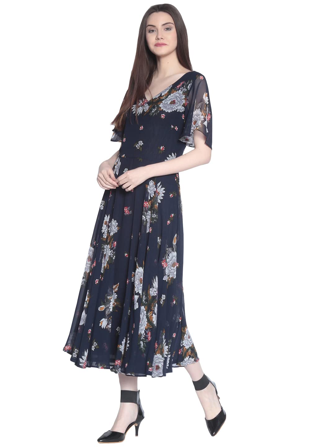 Rare London Women Synthetic A-Line Calf Length Dress (Ep3153- Blue_XL)