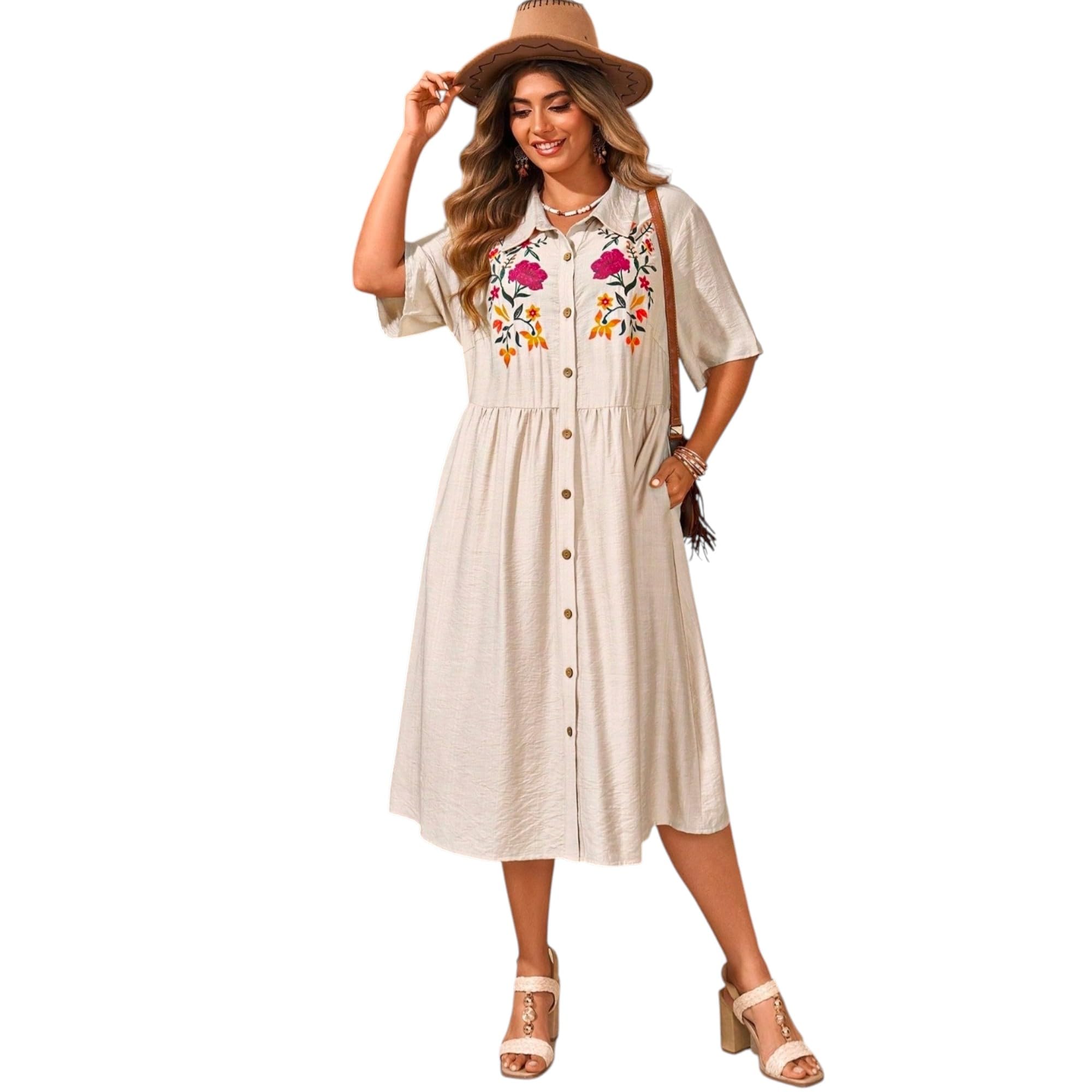 RIEKA Womens Floral Lithography Printed Ethnic Midi Dress with Collar Neck Button Down Front Half Sleeves Flowy A Line Gathered Waist Casual Festival Dress