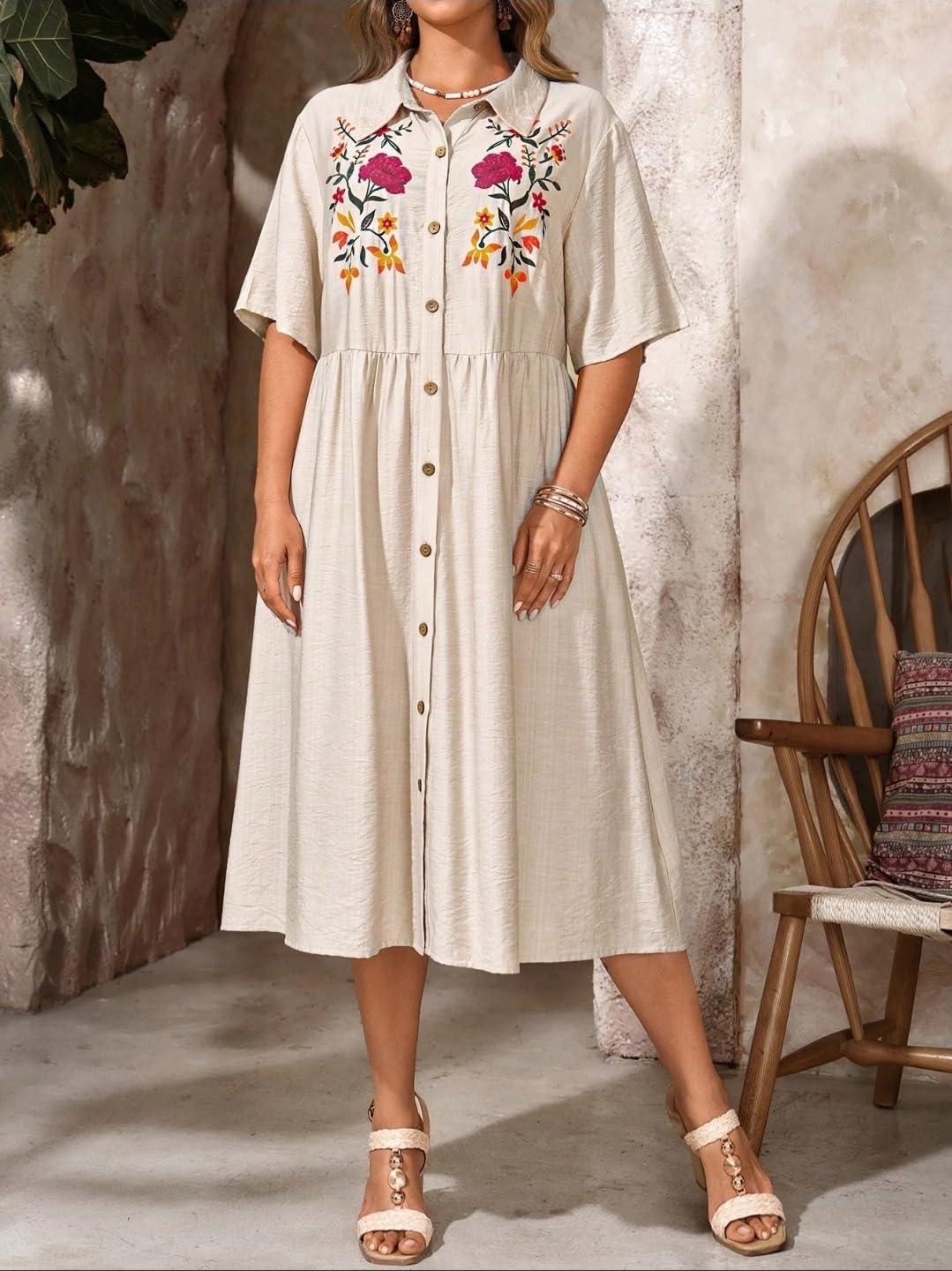 RIEKA Womens Floral Lithography Printed Ethnic Midi Dress with Collar Neck Button Down Front Half Sleeves Flowy A Line Gathered Waist Casual Festival Dress