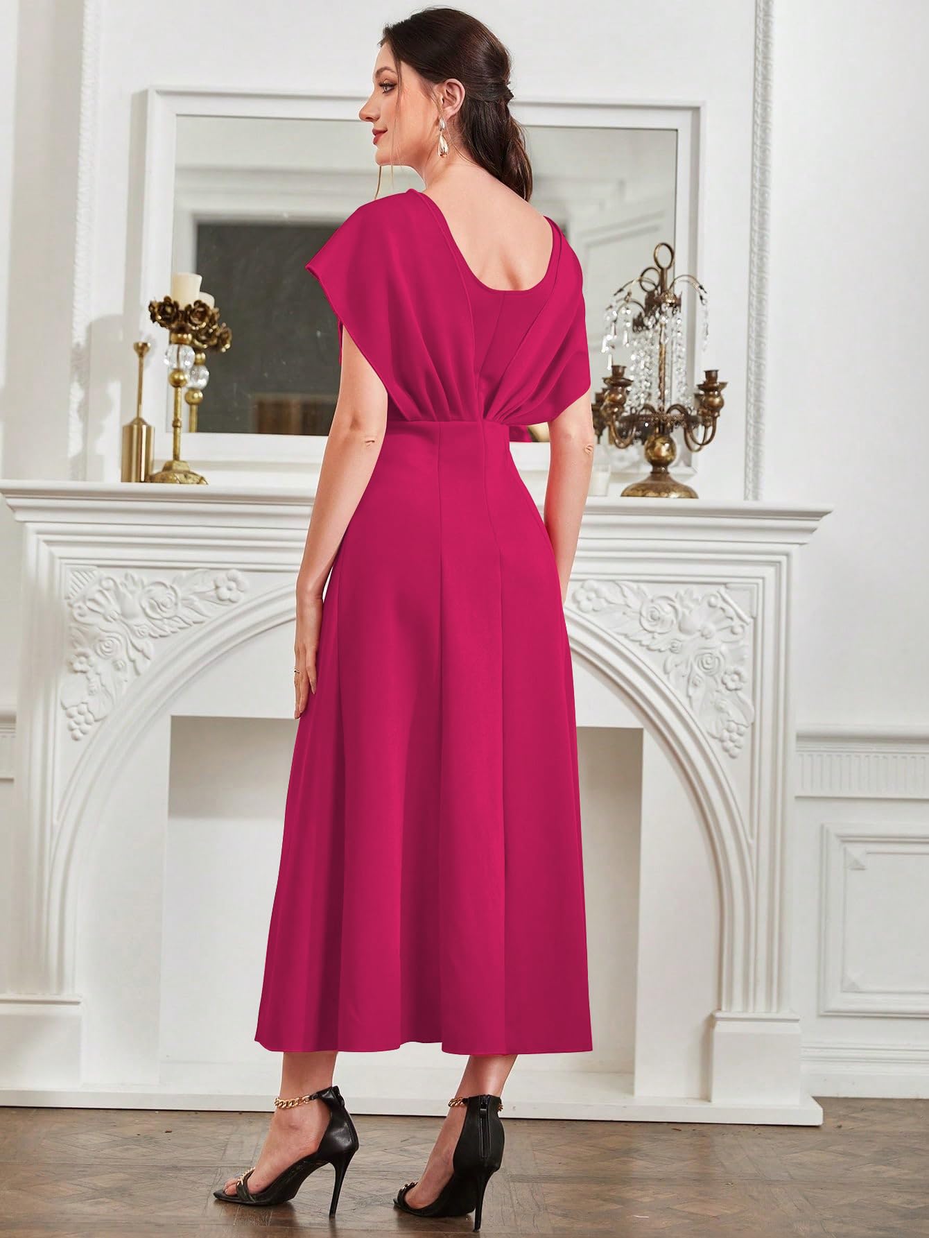 Shasmi Women’s & Girl's Solid A-Line Maxi Dress | V-Neck Pleated Bodice | Cap Batwing Sleeves | Fit & Flare Evening Gown (Dress 274)