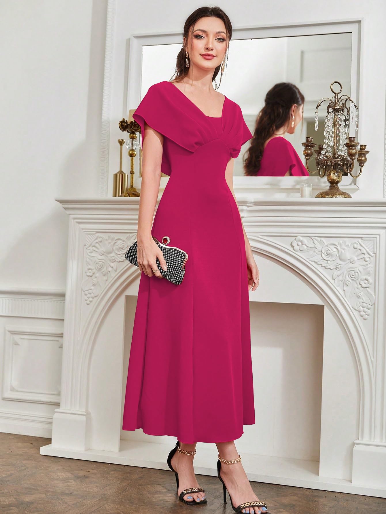 Shasmi Women’s & Girl's Solid A-Line Maxi Dress | V-Neck Pleated Bodice | Cap Batwing Sleeves | Fit & Flare Evening Gown (Dress 274)