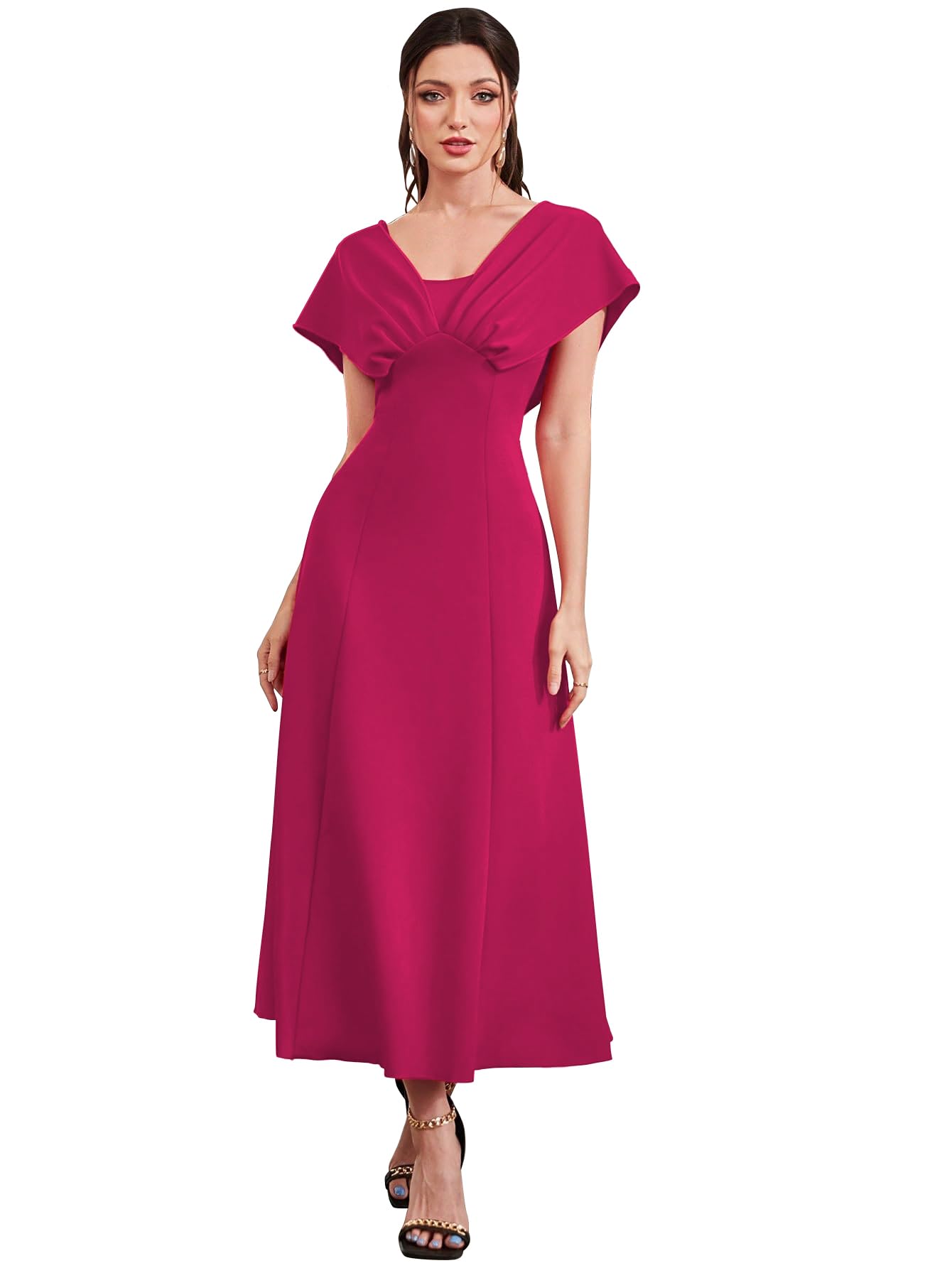 Shasmi Women’s & Girl's Solid A-Line Maxi Dress | V-Neck Pleated Bodice | Cap Batwing Sleeves | Fit & Flare Evening Gown (Dress 274)
