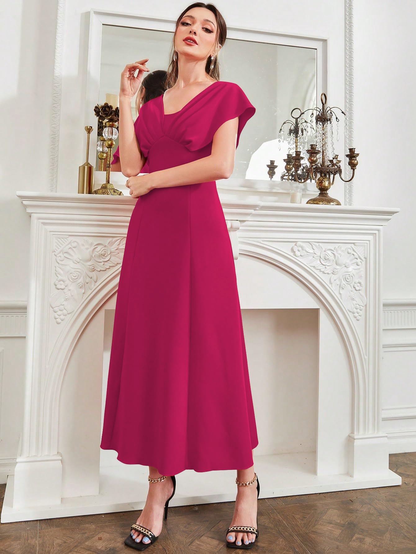 Shasmi Women’s & Girl's Solid A-Line Maxi Dress | V-Neck Pleated Bodice | Cap Batwing Sleeves | Fit & Flare Evening Gown (Dress 274)