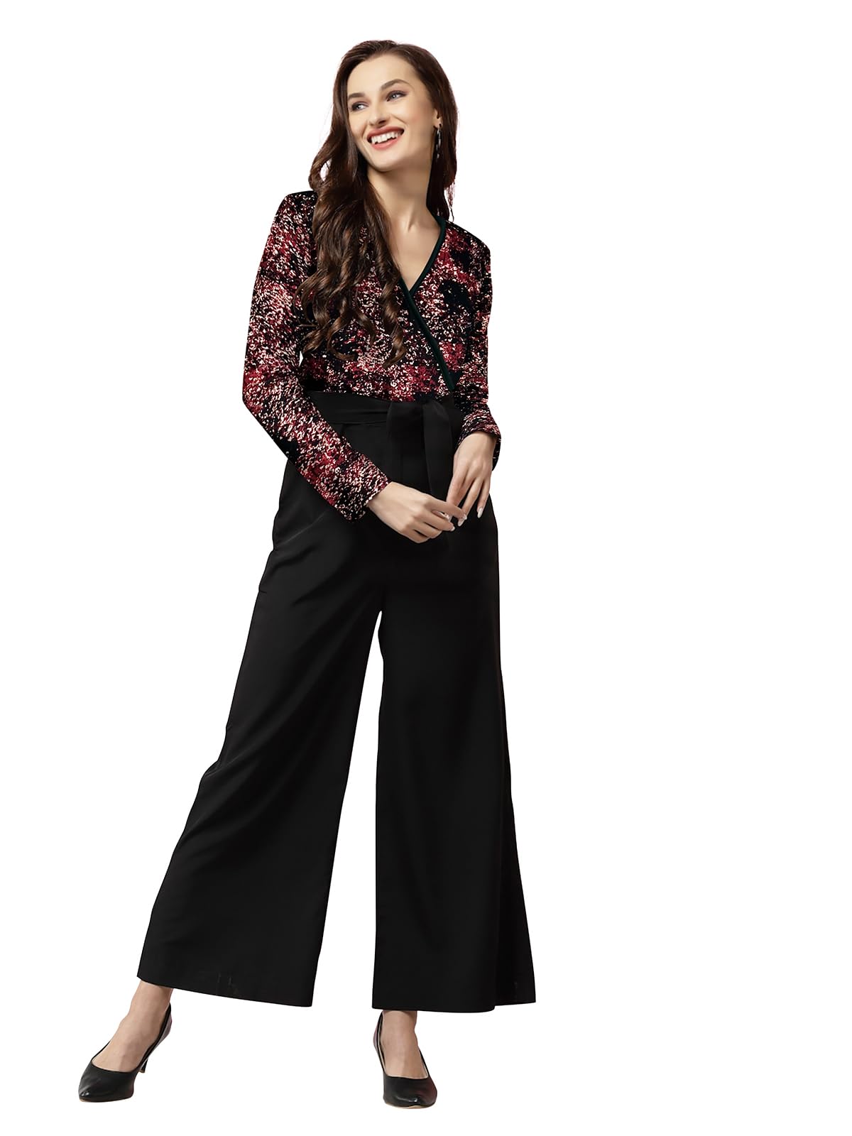 LONDON BELLY Women’s Polyester Semi-Formal Jumpsuit with Round Neck Half Sleeves Adjustable Waist Tie Abstract Pattern and Regular Fit | Women Stylish One Piece Outfit | Women Regular Fit Jumpsuit