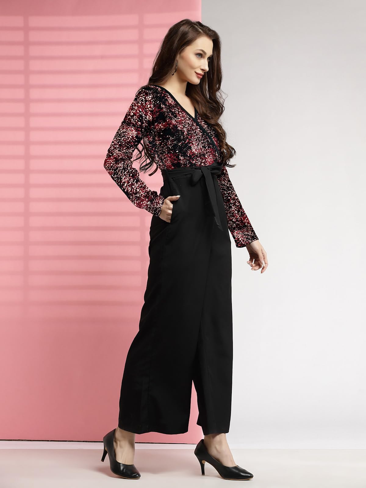 LONDON BELLY Women’s Polyester Semi-Formal Jumpsuit with Round Neck Half Sleeves Adjustable Waist Tie Abstract Pattern and Regular Fit | Women Stylish One Piece Outfit | Women Regular Fit Jumpsuit