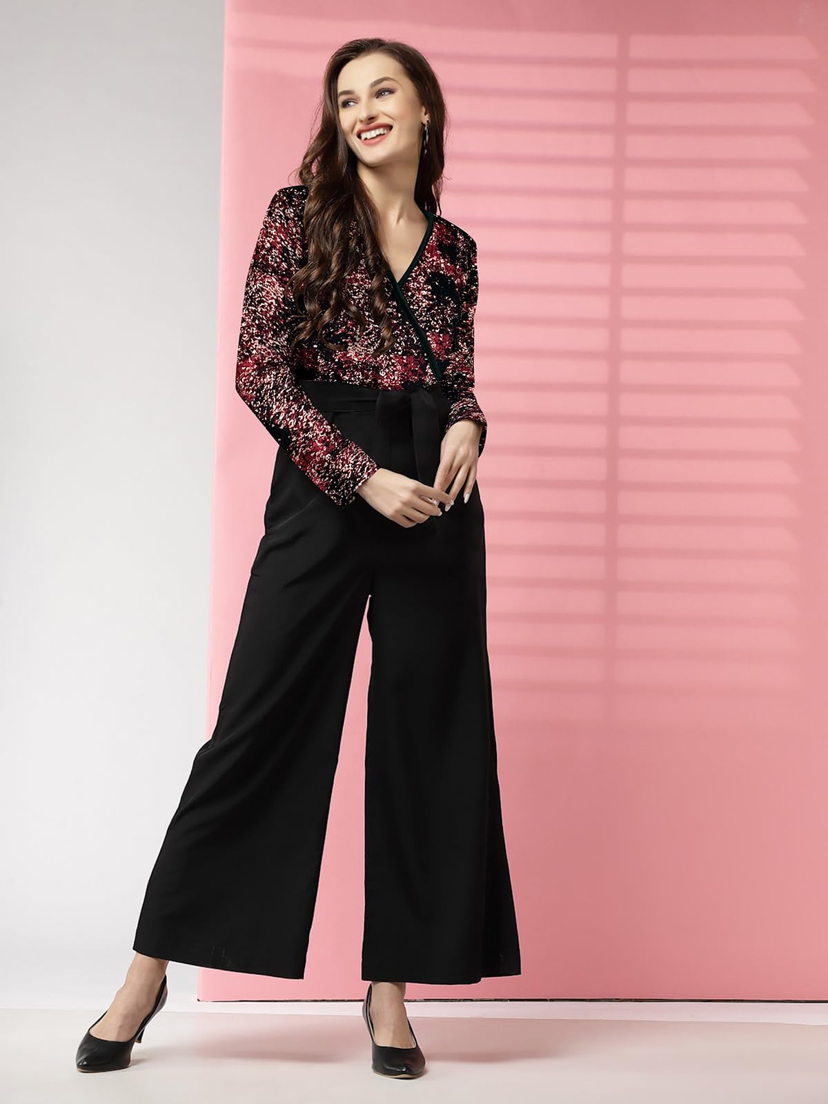 LONDON BELLY Women’s Polyester Semi-Formal Jumpsuit with Round Neck Half Sleeves Adjustable Waist Tie Abstract Pattern and Regular Fit | Women Stylish One Piece Outfit | Women Regular Fit Jumpsuit
