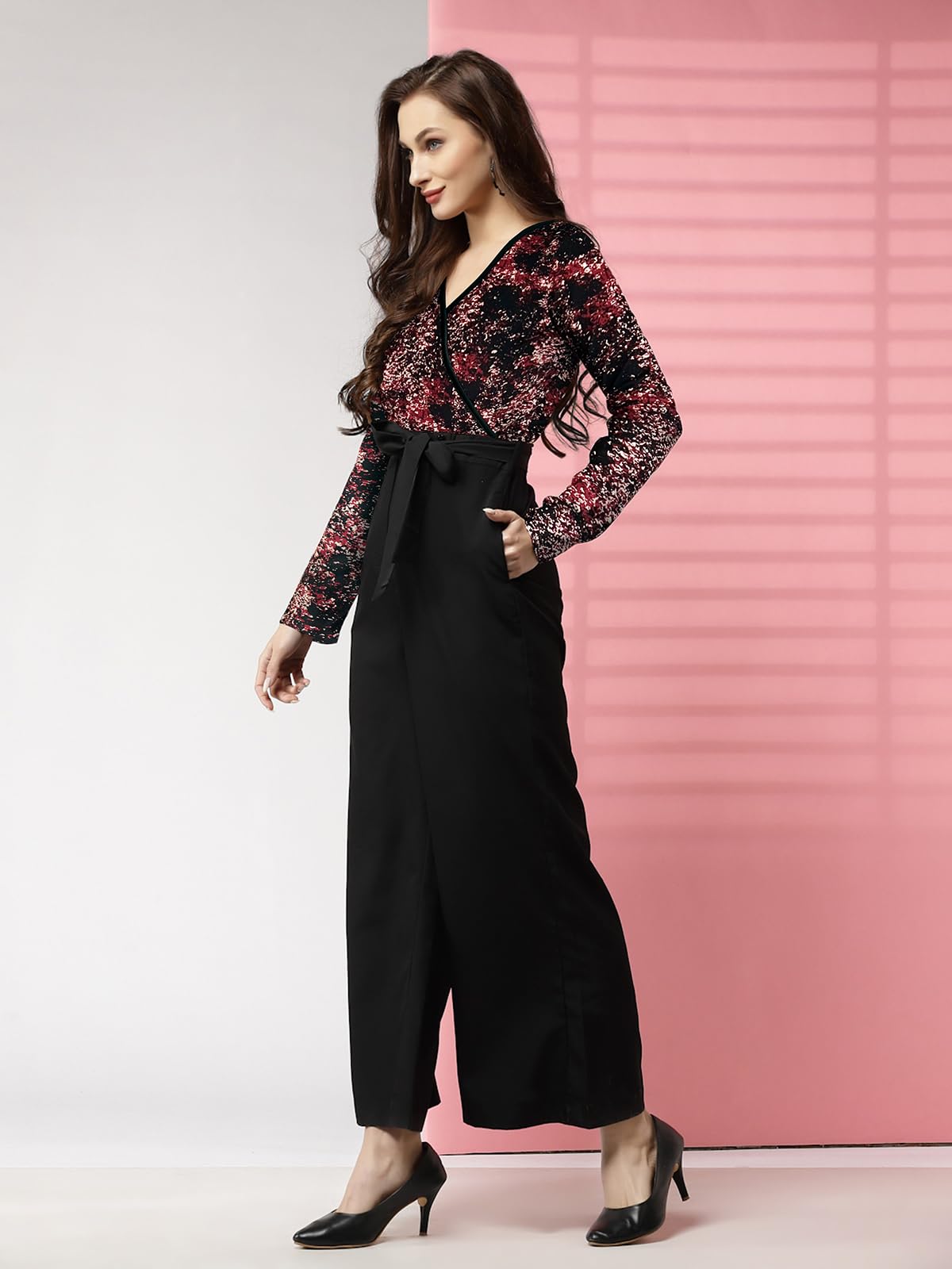 LONDON BELLY Women’s Polyester Semi-Formal Jumpsuit with Round Neck Half Sleeves Adjustable Waist Tie Abstract Pattern and Regular Fit | Women Stylish One Piece Outfit | Women Regular Fit Jumpsuit