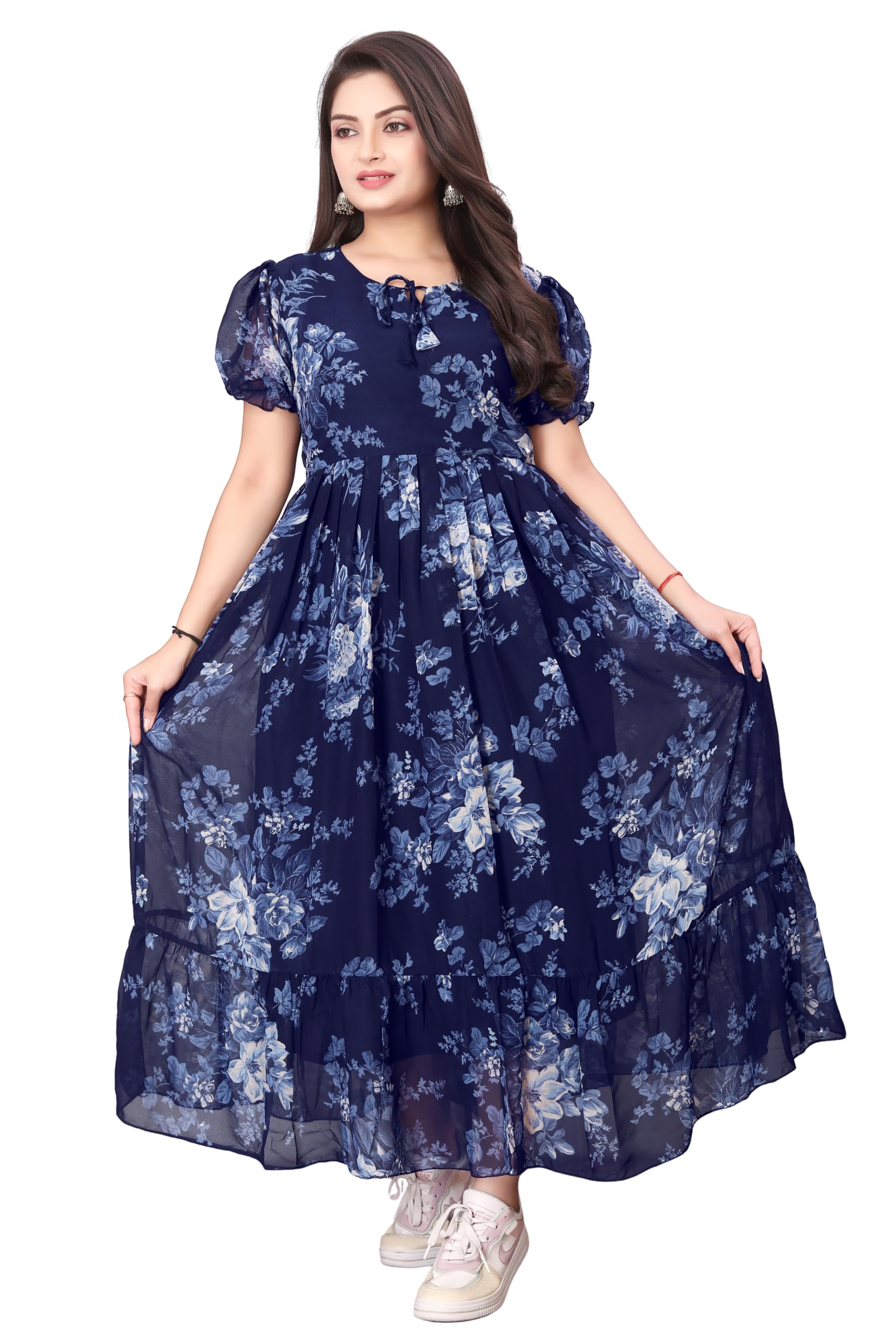 Women's Georgette Printed Gown Regular Fit Round Neck Short Sleeve Fancy Fit and Flare/A-line/Maxi Long Dress