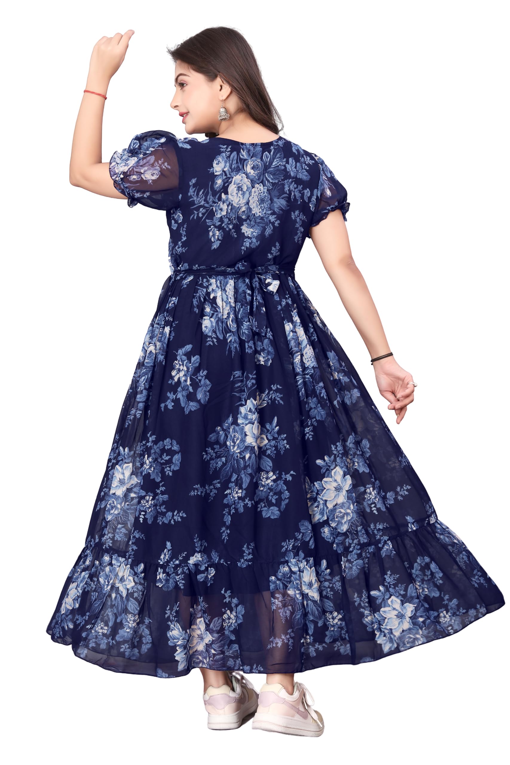 Women's Georgette Printed Gown Regular Fit Round Neck Short Sleeve Fancy Fit and Flare/A-line/Maxi Long Dress