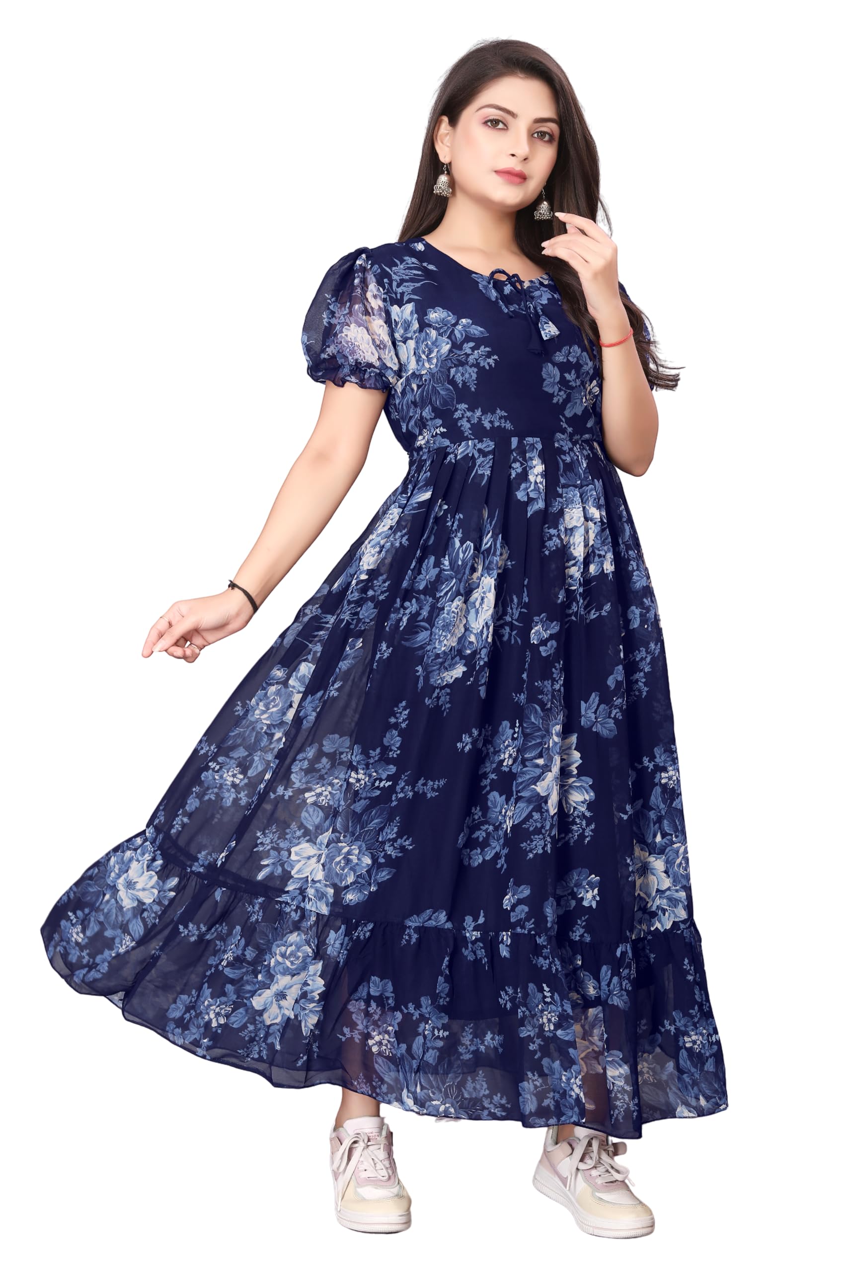 Women's Georgette Printed Gown Regular Fit Round Neck Short Sleeve Fancy Fit and Flare/A-line/Maxi Long Dress
