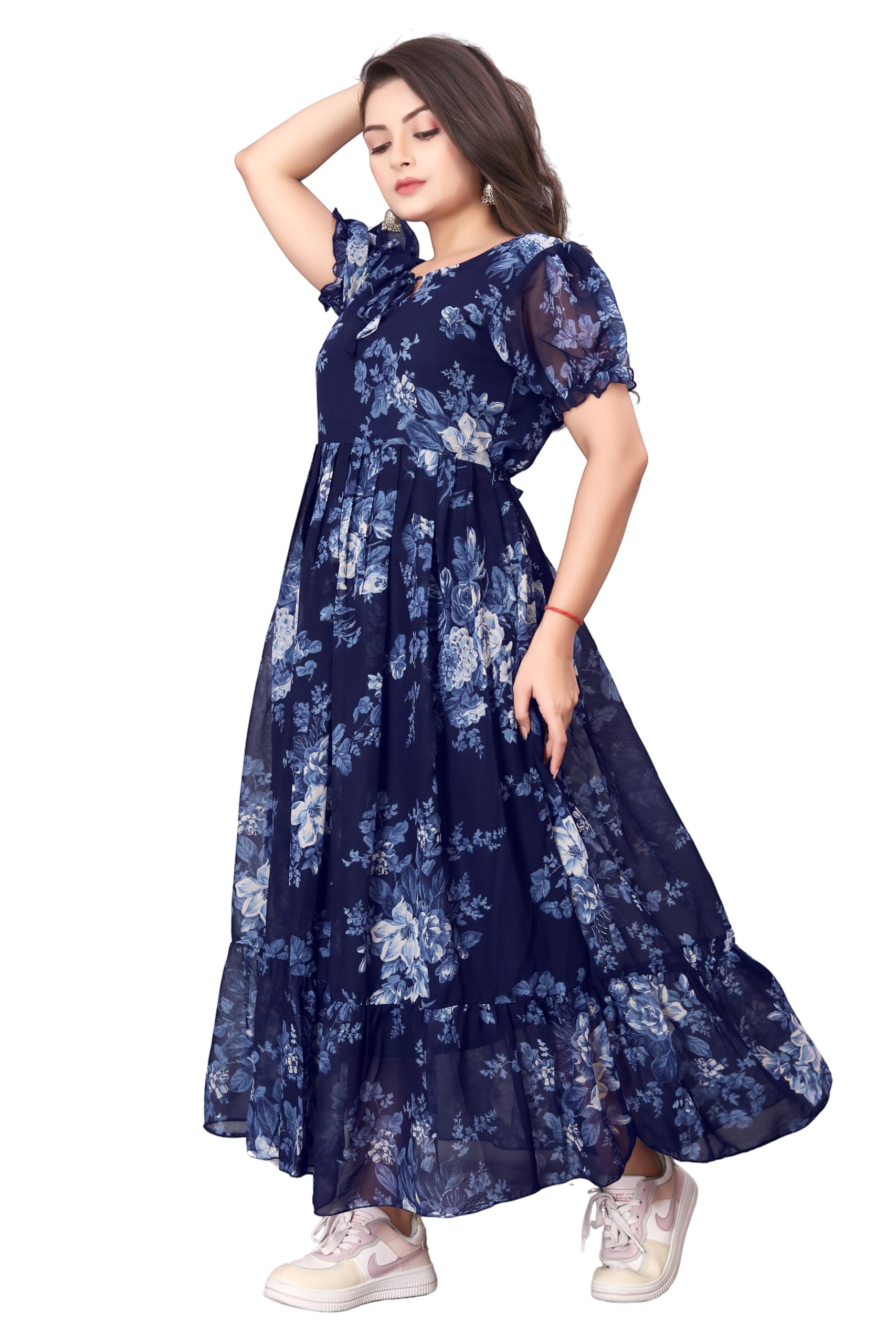Women's Georgette Printed Gown Regular Fit Round Neck Short Sleeve Fancy Fit and Flare/A-line/Maxi Long Dress