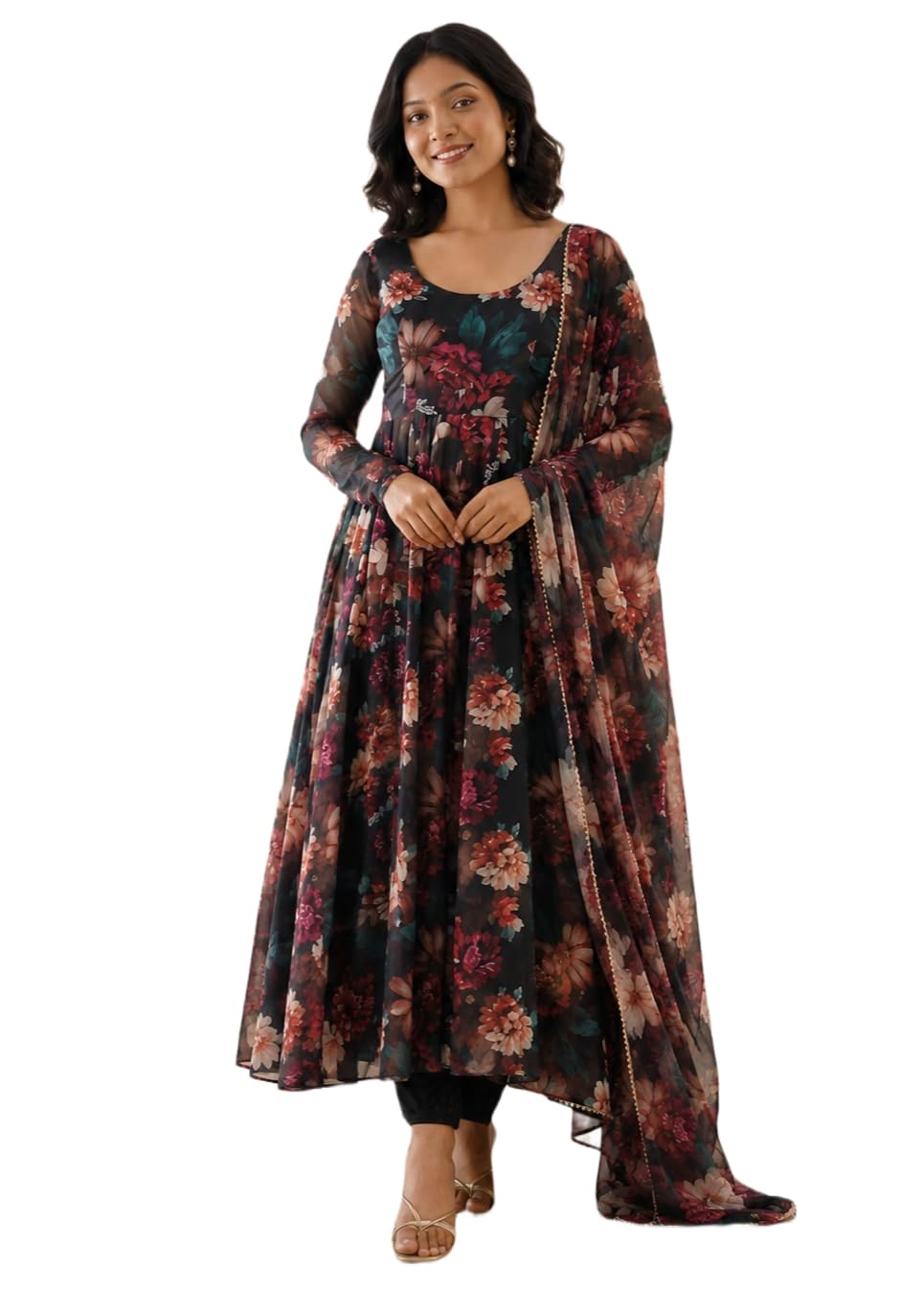 Women's Georgette Anarkali Kurta with Dupatta Set Full Sleeves Floral Printed Pattern Calf Length Regular Fit and Flare | Flared Dress for Womans | Womans Umbrella Dresses
