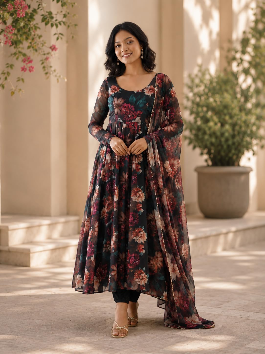 Women's Georgette Anarkali Kurta with Dupatta Set Full Sleeves Floral Printed Pattern Calf Length Regular Fit and Flare | Flared Dress for Womans | Womans Umbrella Dresses