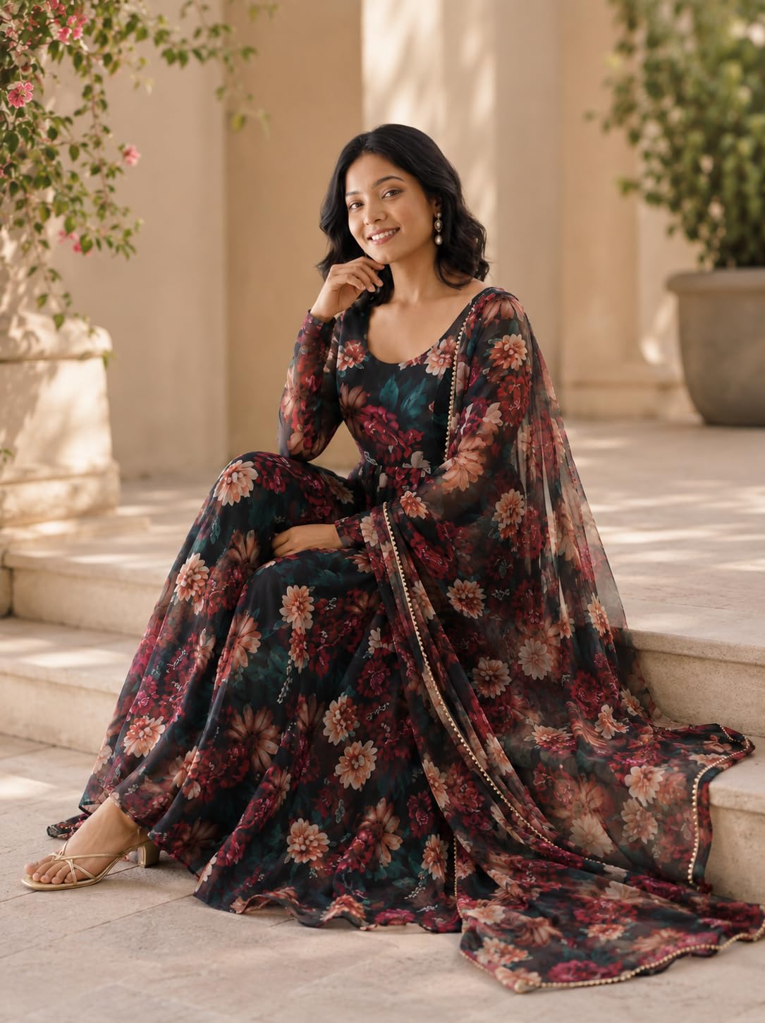 Women's Georgette Anarkali Kurta with Dupatta Set Full Sleeves Floral Printed Pattern Calf Length Regular Fit and Flare | Flared Dress for Womans | Womans Umbrella Dresses