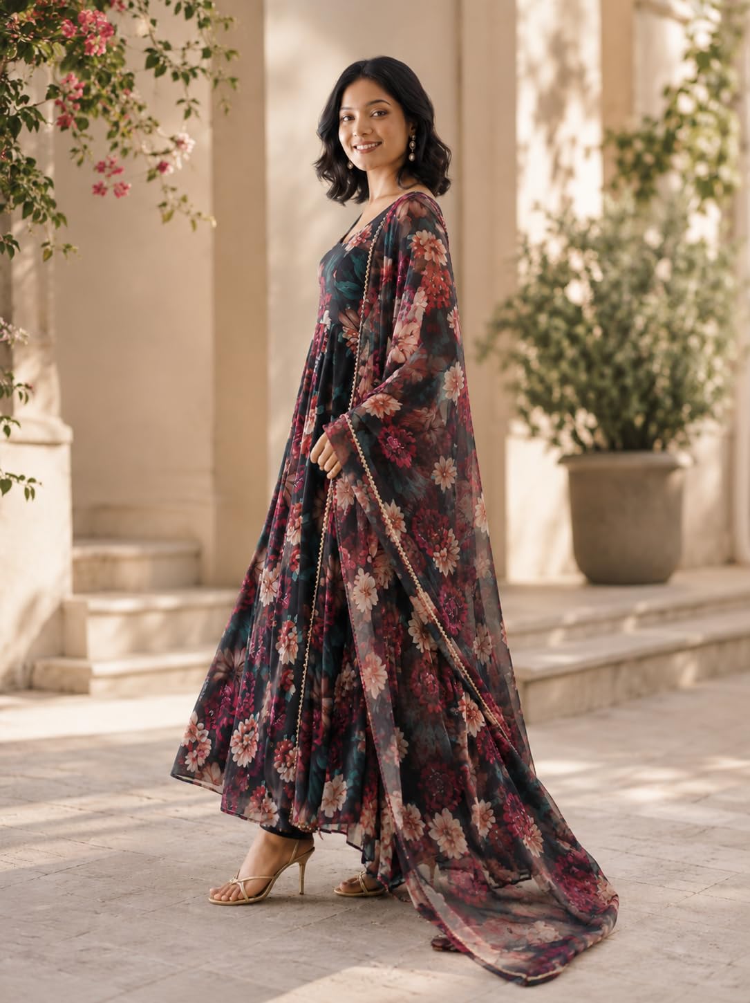 Women's Georgette Anarkali Kurta with Dupatta Set Full Sleeves Floral Printed Pattern Calf Length Regular Fit and Flare | Flared Dress for Womans | Womans Umbrella Dresses