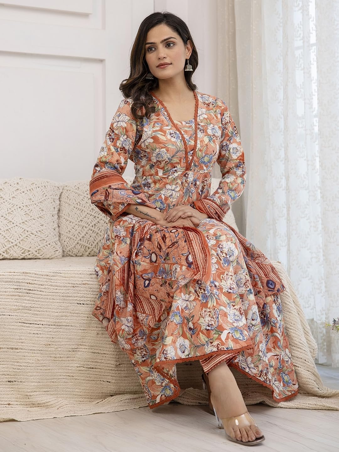 PARTHVI Women's Printed Cotton Anarkali Kurta & Pant With Dupatta Set