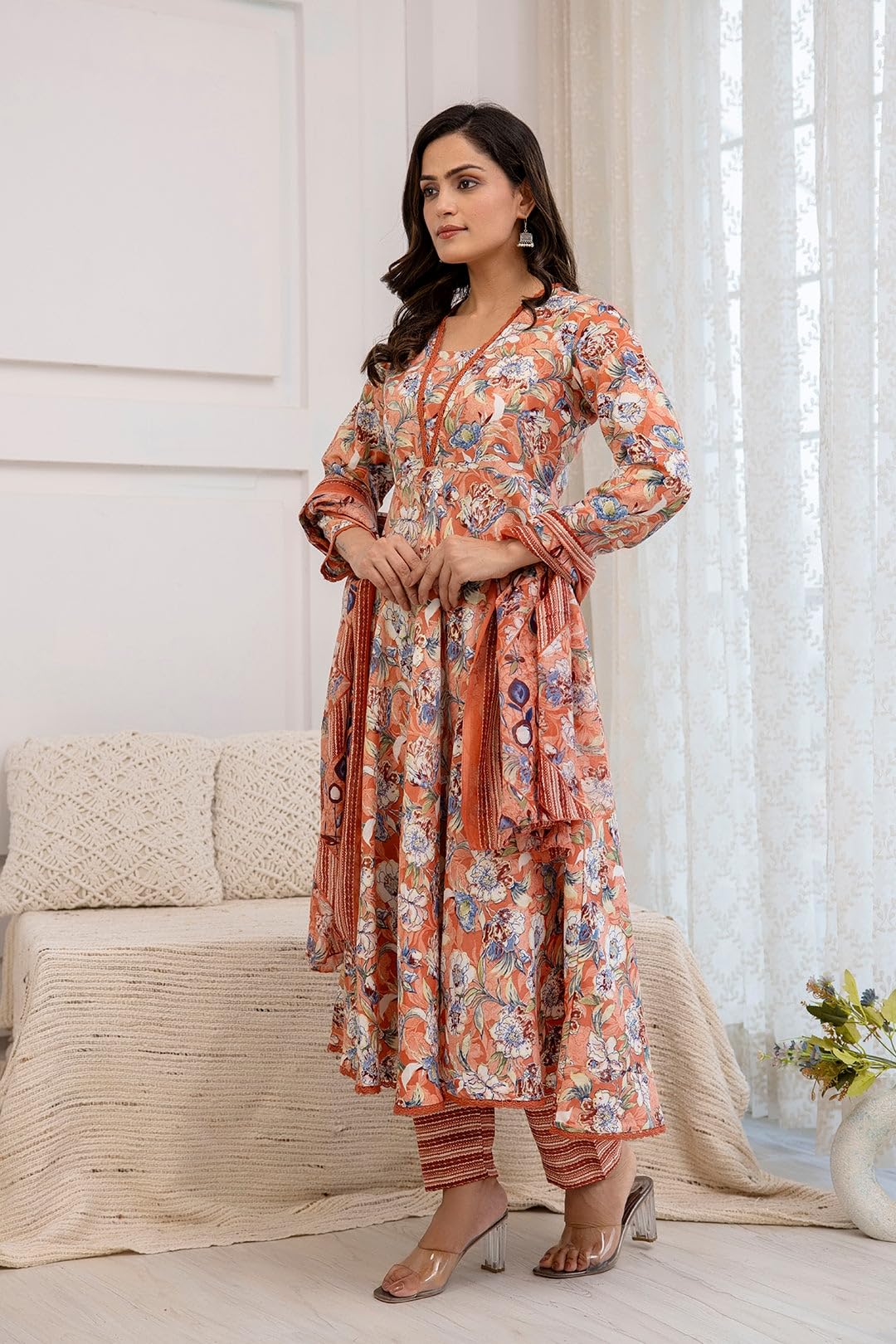 PARTHVI Women's Printed Cotton Anarkali Kurta & Pant With Dupatta Set