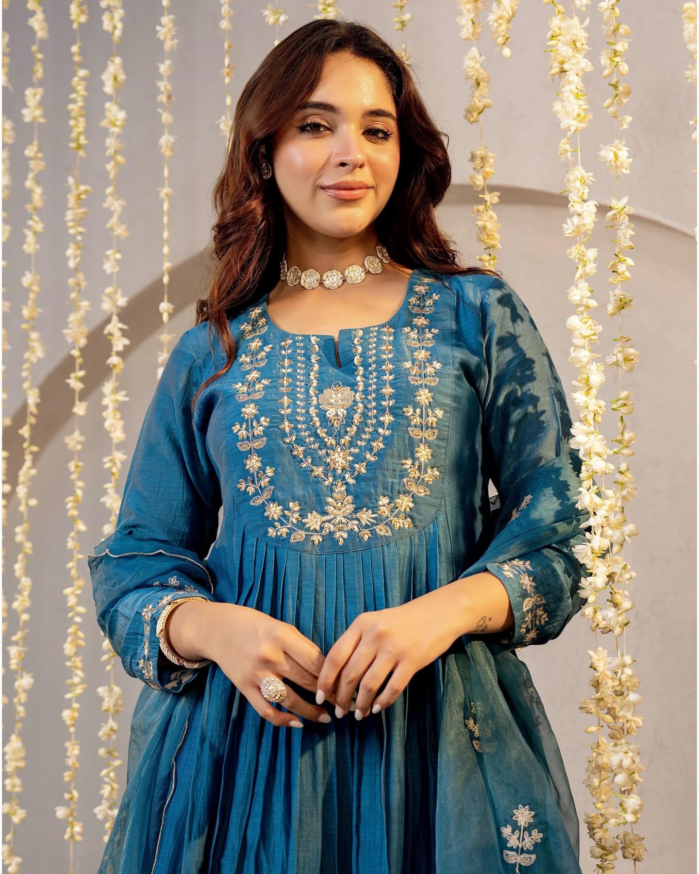 Nermosa Women Embroidery Solid A-Line Kurta and Pant Set with Dupatta