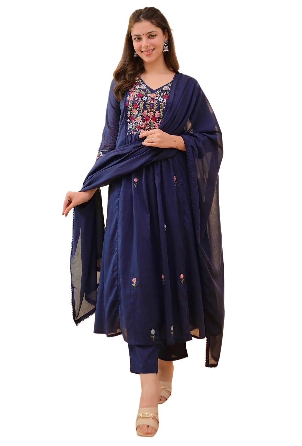 KLOSIA Women Embroidery Solid Anarkali Kurta and Pant Set with Dupatta