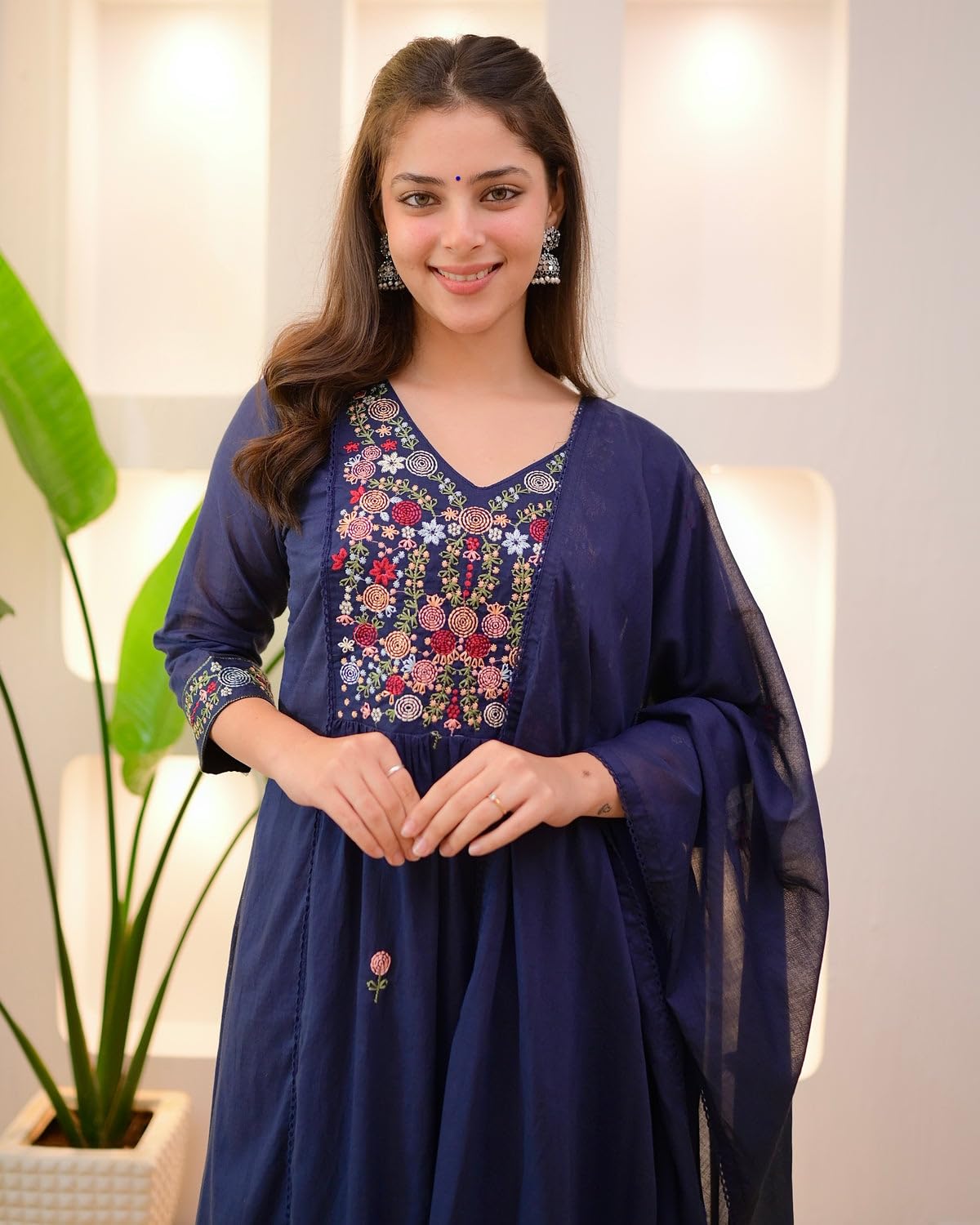 KLOSIA Women Embroidery Solid Anarkali Kurta and Pant Set with Dupatta