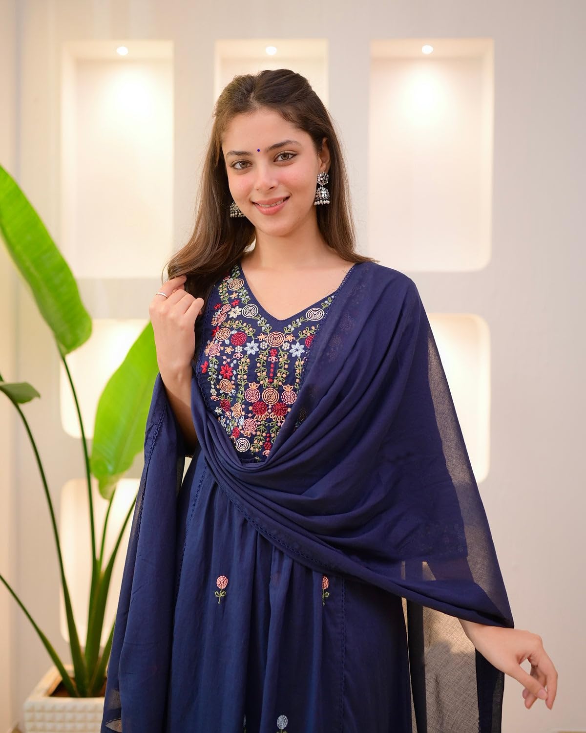 KLOSIA Women Embroidery Solid Anarkali Kurta and Pant Set with Dupatta