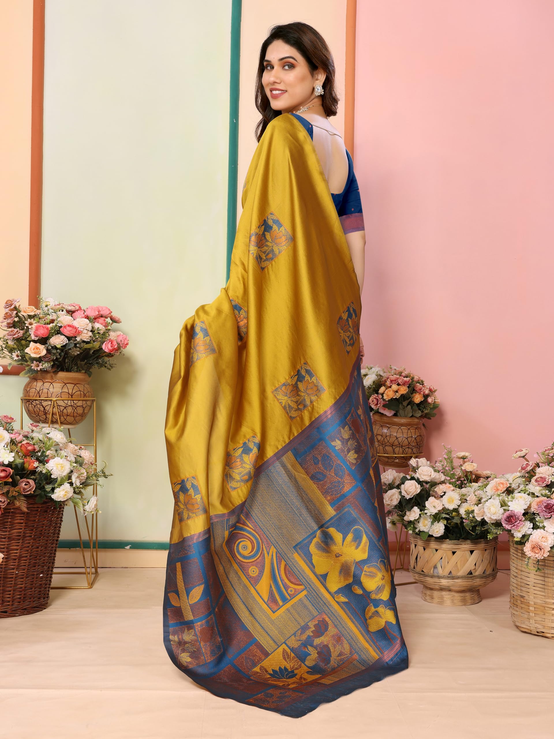 Sidhidata Women's Kanjivaram Banarasi Soft Silk Saree With Unstitched Blouse Piece (Silk Box Flower)
