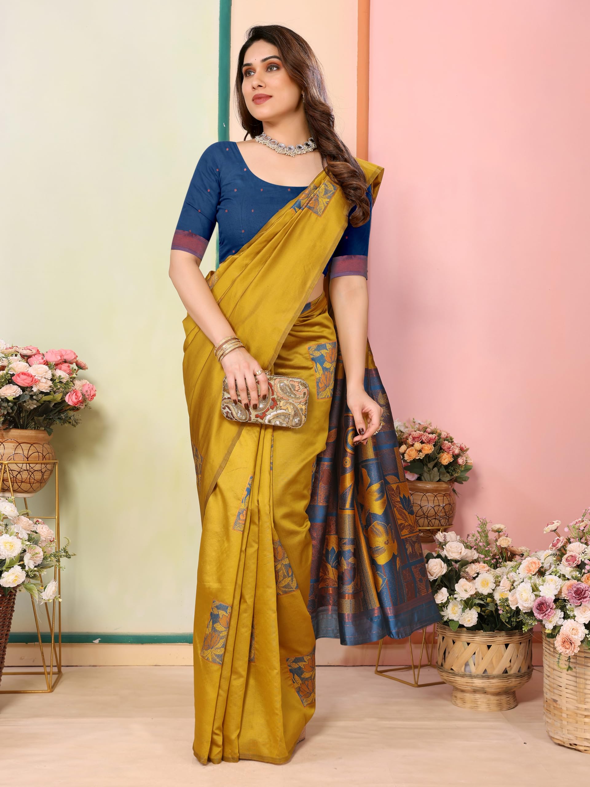 Sidhidata Women's Kanjivaram Banarasi Soft Silk Saree With Unstitched Blouse Piece (Silk Box Flower)