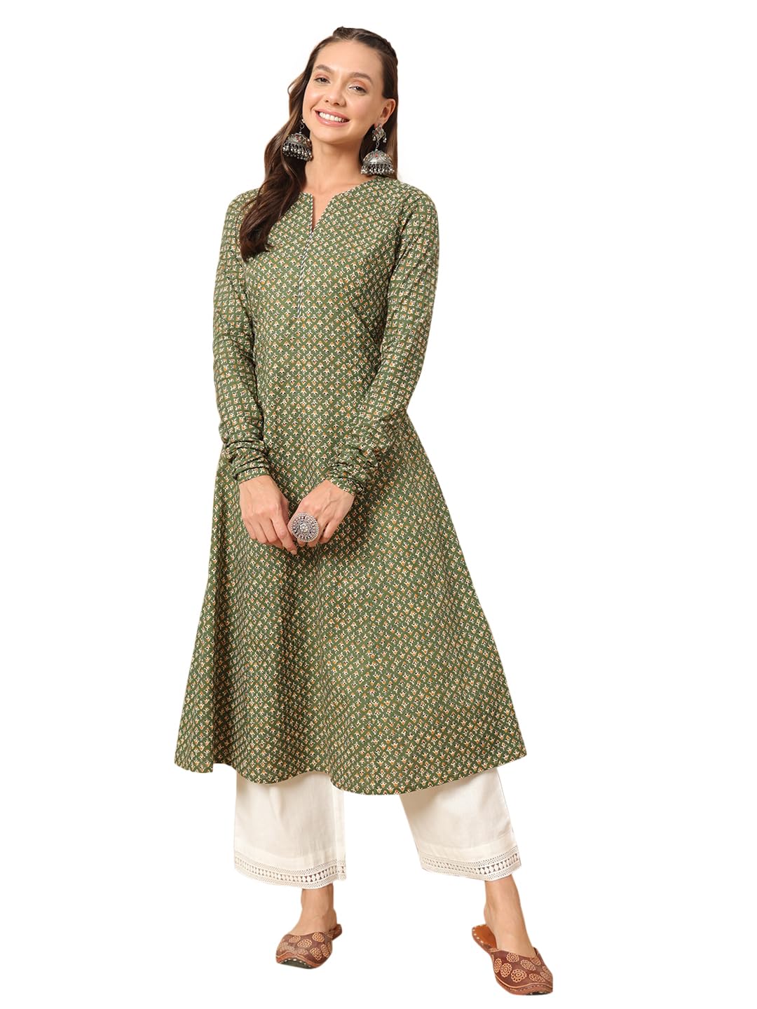 FIORRA Womens Cotton Regular Fit Floral Printed A-Line Kurta