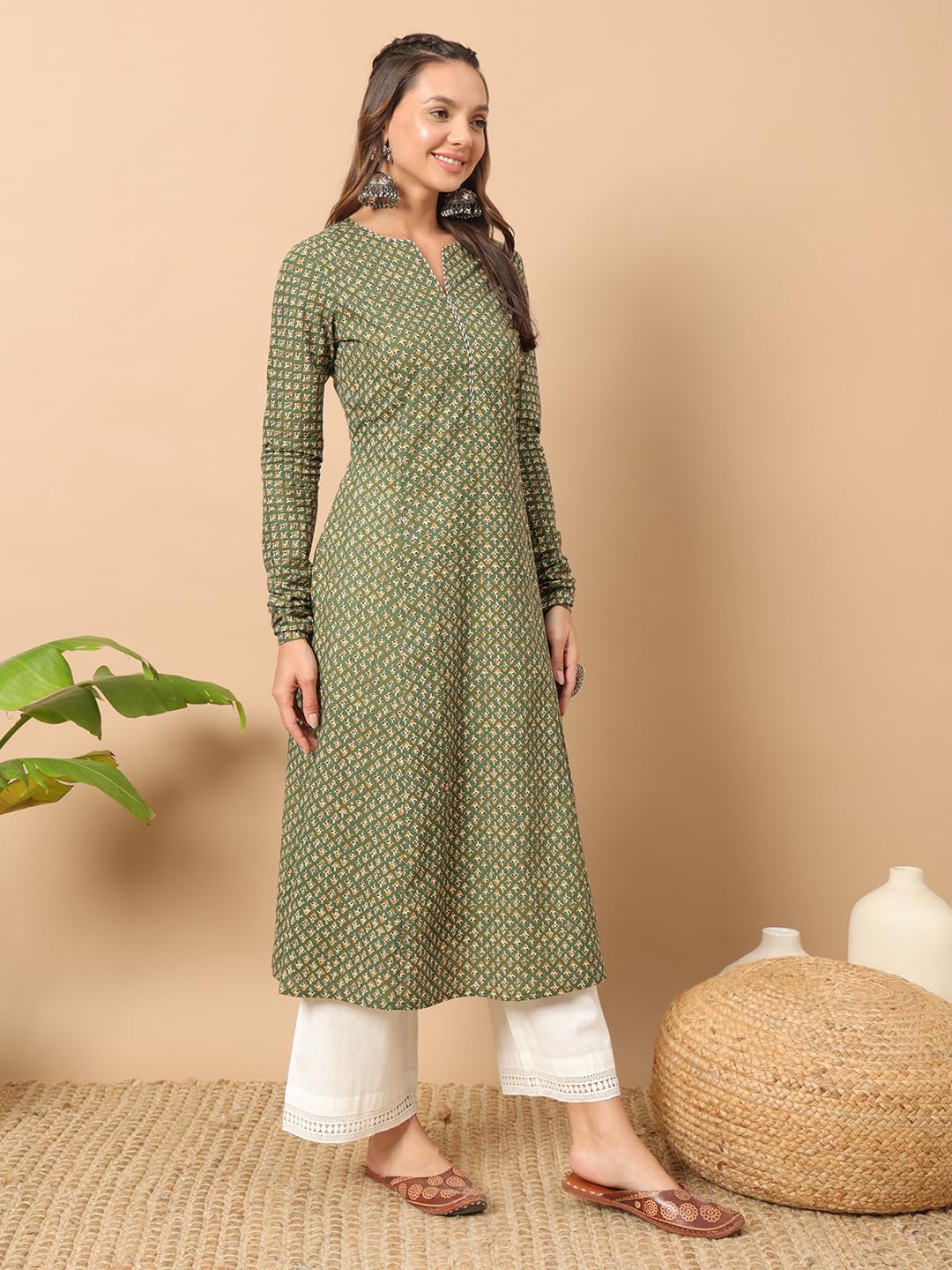 FIORRA Womens Cotton Regular Fit Floral Printed A-Line Kurta