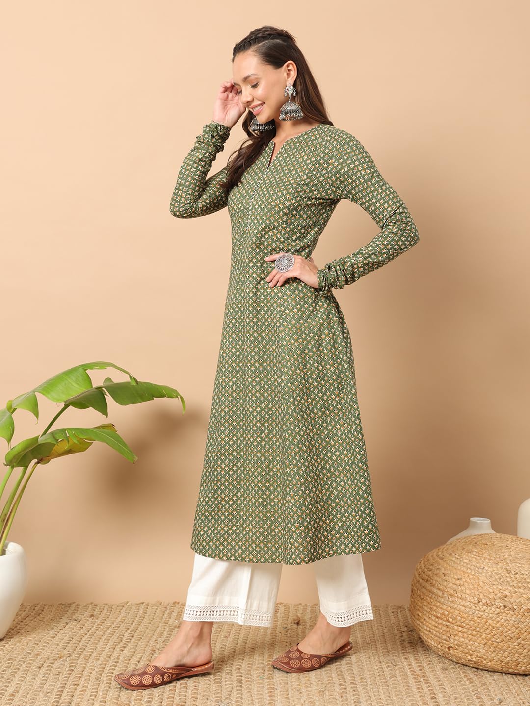 FIORRA Womens Cotton Regular Fit Floral Printed A-Line Kurta