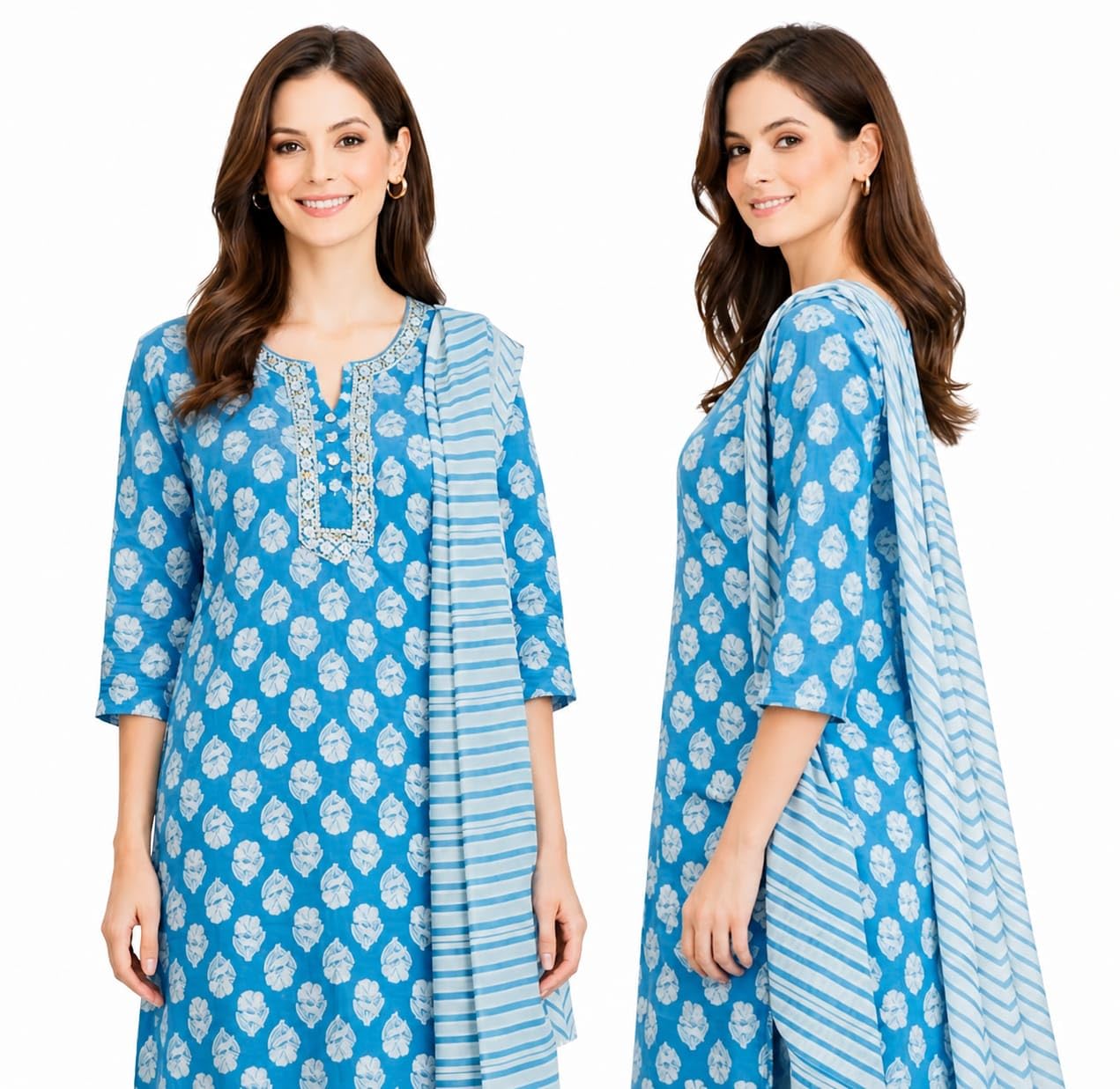 Blue kurti set, women kurta pant dupatta set, printed kurti set for women, ethnic wear kurti set, cotton kurta set