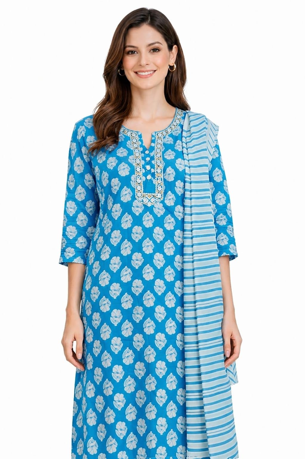 Blue kurti set, women kurta pant dupatta set, printed kurti set for women, ethnic wear kurti set, cotton kurta set