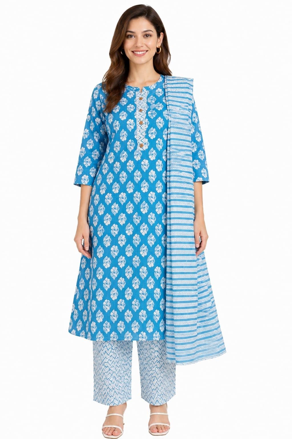 Blue kurti set, women kurta pant dupatta set, printed kurti set for women, ethnic wear kurti set, cotton kurta set