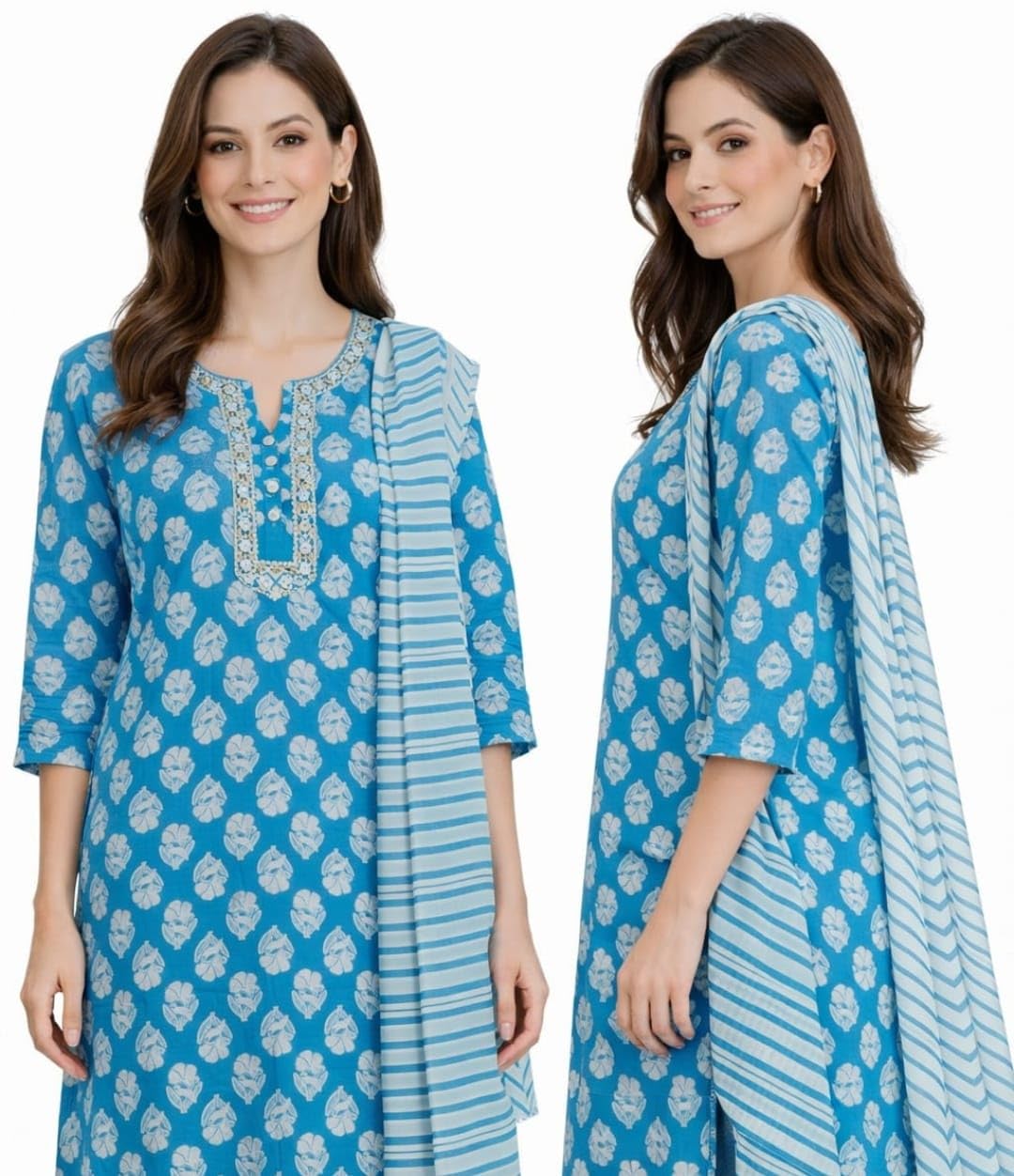 Blue kurti set, women kurta pant dupatta set, printed kurti set for women, ethnic wear kurti set, cotton kurta set