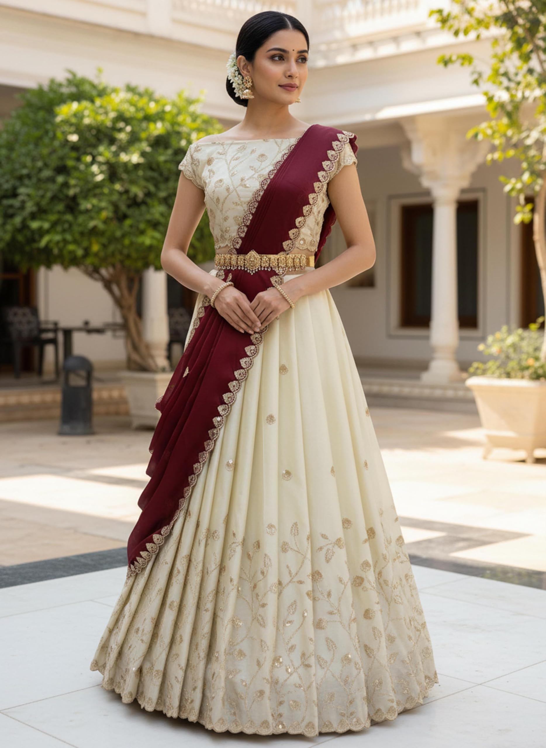 Fabcartz Beautiful South Indian Style Unstitch Shimmer Lehenga Choli Half Saree with Embroidery Blouse for Women | PL203