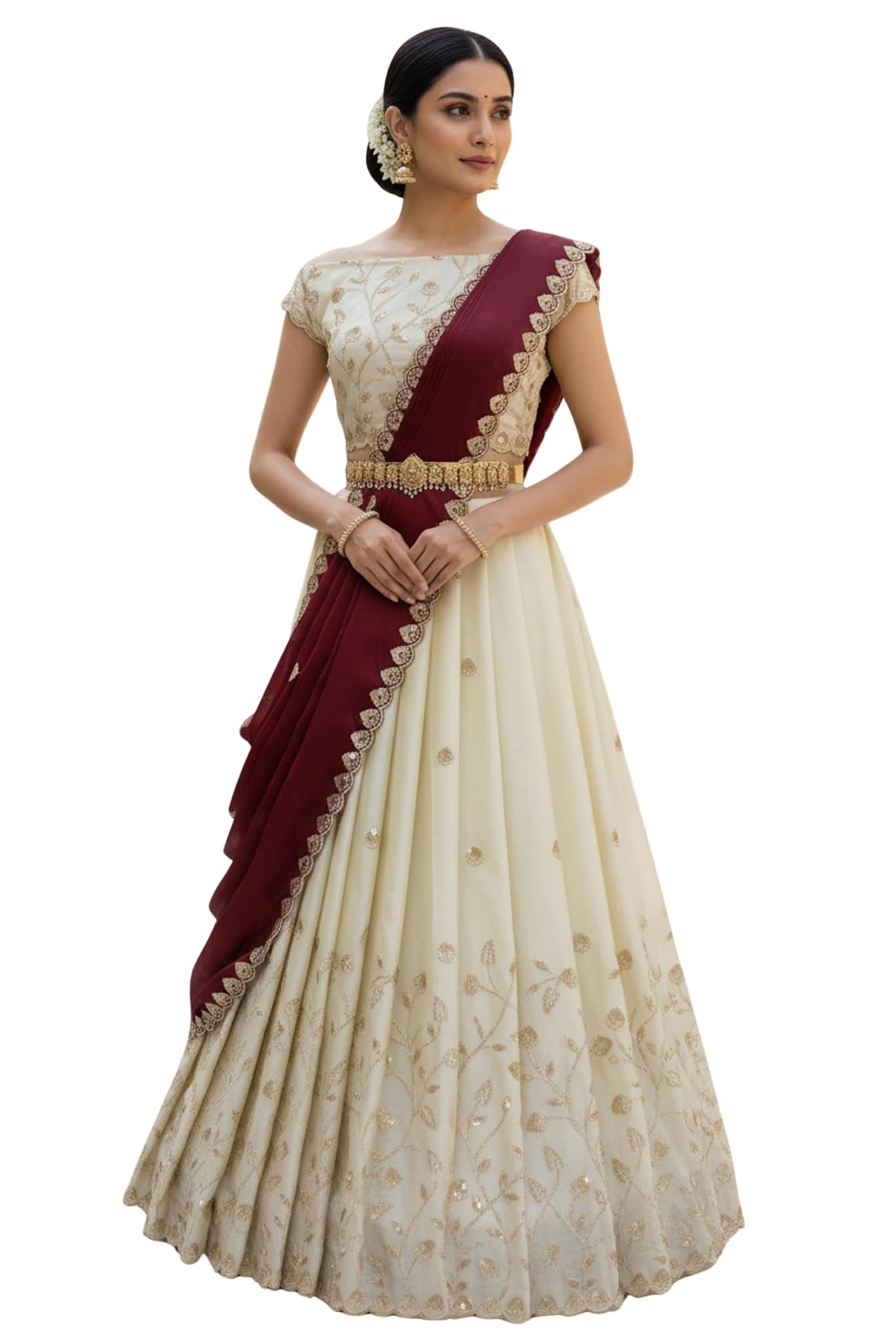 Fabcartz Beautiful South Indian Style Unstitch Shimmer Lehenga Choli Half Saree with Embroidery Blouse for Women | PL203